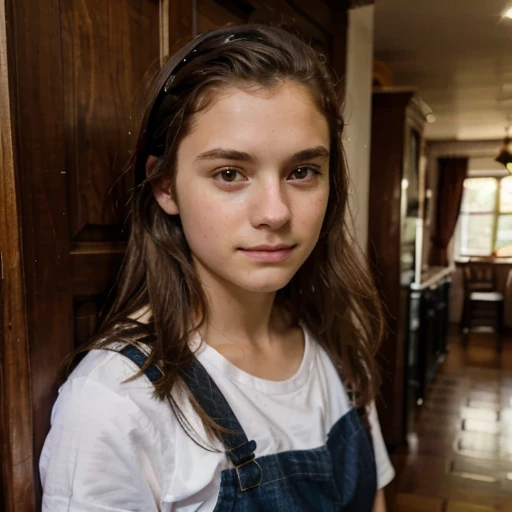  girl with medium length brown hair, children's pigtails hair, Caucasian facial structure, a beautiful smile on her face and a deep look, she wearing a button down shirt, bare shoulders, she in a dark bedroom, full body view