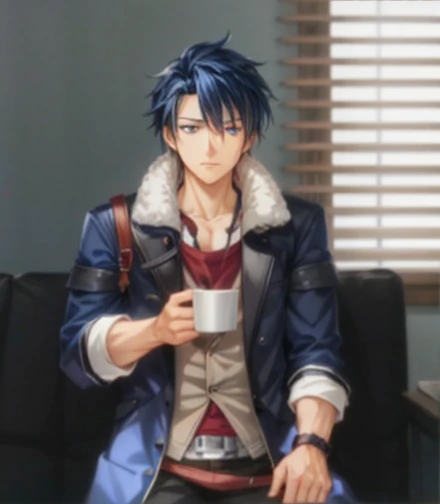 Highly detailed, High Quality, Masterpiece, beautiful,masterpiece,best quality, illustration, a close up of a person in a coat and pants with a hand out, takumi fujiwara, inspired by Hisui Sugiura, main character, rin, royal attire akira, okata kazuto, sao style anime, detective clothes, kentaro miura style, male game character, handsome anime pose, vest white vest, hair blue hair, field jacket blue field jacket, eyes blue eyes, shirt red shirt,