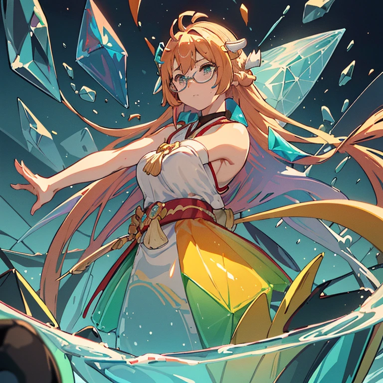 Colored cellophane jelly girl surrounded by shark fin jelly、Amazing dynamism、Amazing Angle、Unstable buoyancy and shiny sandstorm、glossy condensation、((((A lot of friendly large prism lenses floating and chasing each other))))、((surround each other'big shingen mochi))、(((large prism mirror)))、(Luminous oversized prism color cellophane with branches)、