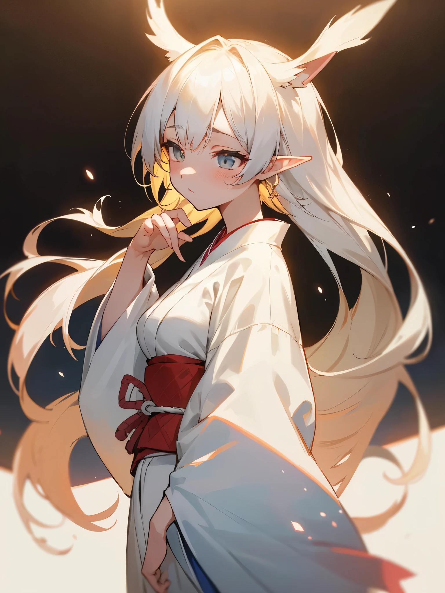 (the Extremely Detailed CG Unity 8K Wallpapers, masutepiece, Best Quality, Ultra-detailed), (Best Illumination, Best Shadow, extremely delicate and beautiful), Sunlight shines in, Warm and cozy atmosphere Natural volume lighting and best shadows, depth of fields, a portrait of a beautiful girl, Delicate Beautiful Attractive Face, Sleepy eyes, Small breasts, messy white hair, long hair style, (of the highest quality, Amazing detail: 1.4), masutepiece, artbook, Vivid Color, {{Full body, White background}} {{{, From Side, look up sky}}}, Contrast Light, {Raised hands, {White kimono, Kimono Japanese pattern elf ears}