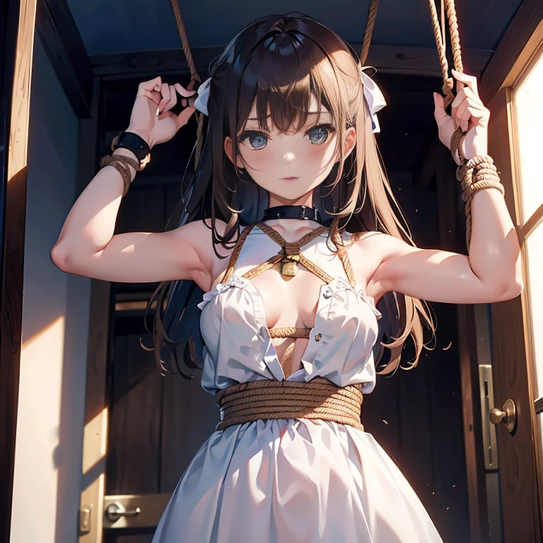 ((masterpiece)), ((best quality)), (ultra-detailed), NSFW, ((torture chamber)),a cute girl, 1girl, solo, (white mini tanktop dress),(rope bound arms), (both hands are bound and is hung from the ceiling),bdsm,shibari,restrained,((thin waist)),(((rope bound waist))),beautiful brown hair, beautiful blue eyes, (beautiful eyes), long hair,troubled expression