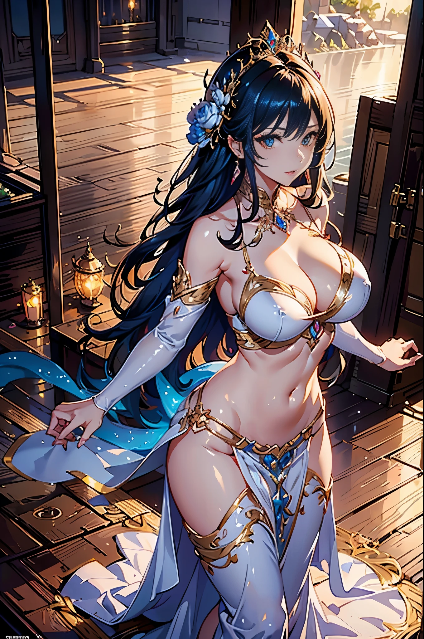 Woman in a transparent dress with red diamond crystal diamonds,view the viewer,(((nedium breasts, cleavage ))),Slim waist,(navel baring,Bare waist), Long hair, Ultra-detailed details,High-end Zhenyi station, Rainstorm site, detailed fantasy art, Stunning character art, Beautiful and exquisite character art, Beautiful gold and silver armor, Extremely detailed, Girl in shiny armor, Exquisite tiaras and jewelry,Crystal jewelry filigree, milky ways, Stunning visuals, (dynamic streaks, light tracks:1.2), Vibrant colors,