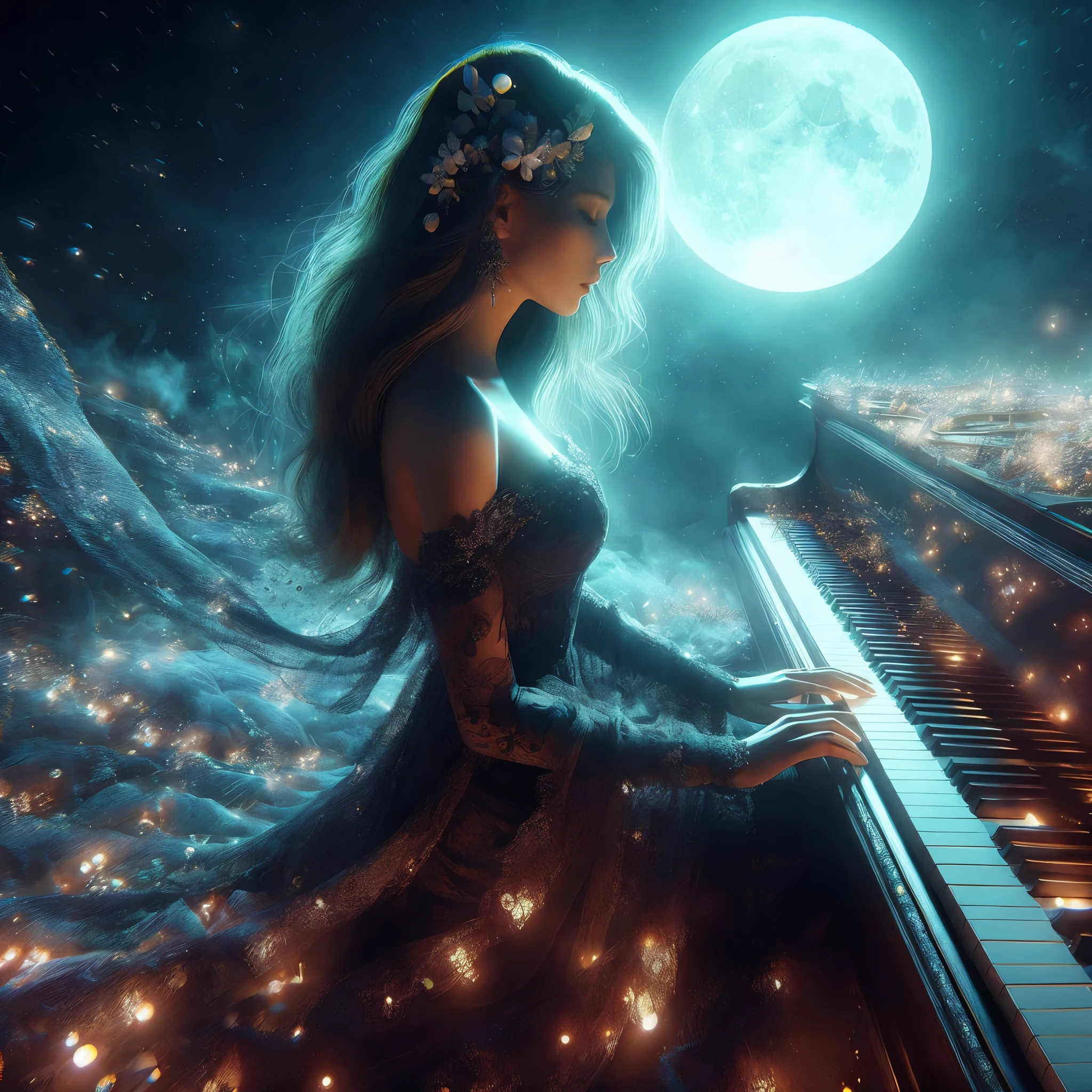 An arafe woman wearing a dress playing the piano in front of the full moon, Beautiful digital artwork, beautiful fantasy art, very beautiful fantasy art, beautiful gorgeous digital art, Beautiful digital art, the moonlit dance of the fae, magical composition, ethereal fantasy, fantasy beautiful, very Beautiful digital art, masterful composition!!!, moonlit night dreamy atmosphere