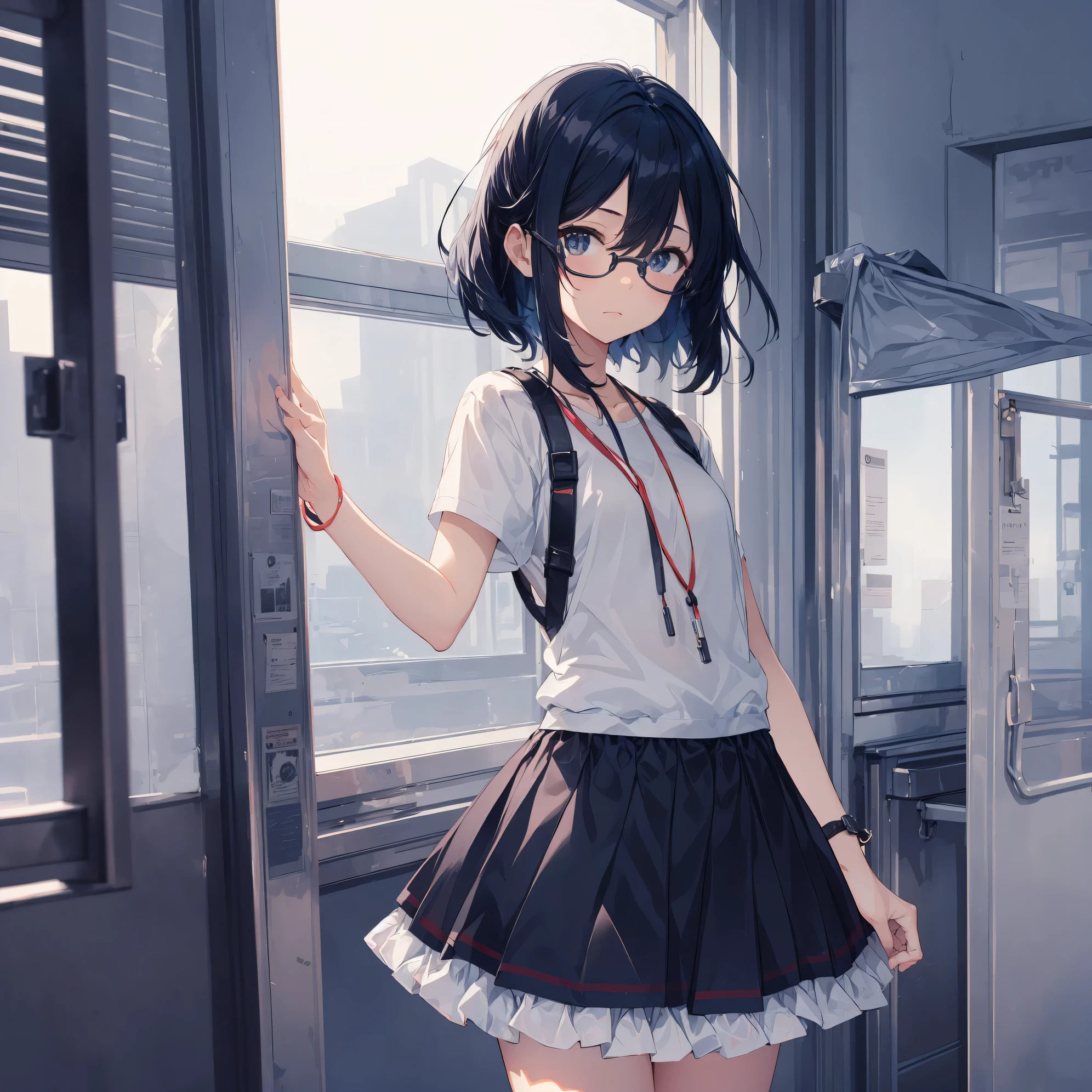 Super high quality by the art god, Ultra-detailed, High resolution, Gwise Style, anime moe art style, Best Anime 8K Konachan Wallpapers, Pixiv Contest Winner, Perfect Anatomy,BREAK,(Please draw a picture of a girl walking alone in the school building..),BREAK, a hyperrealistic schoolgirl, (Solo,Lori,child,13years:1.3),Full limbs, complete fingers,a junior high school student, Androgynous attraction, ((Wearing glasses)), hair messy, flat and soft chest, Small butt, groin, Small eyes,Beautiful detailed black eyes, Well-proportioned iris and pupils, High resolution detailed hair, ((school designated tracksuit)),In the school,BREAK,Ultra-detailed細なスキン,Best lighting by famous artists, 8K,Illustration.