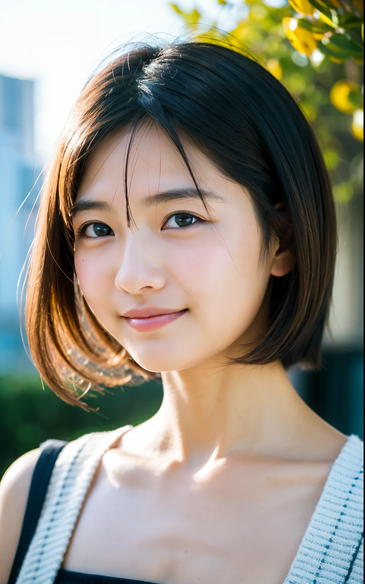 masutepiece, Best Quality, 8K, 1girl in, Good Hand, 14 yo, close up of face, Lively, Active, Life Force, Luminescent, Looking away, Raw photo, F/1.8, 135 mm, NIKON, Anatomically correct, Bokeh,Textured skin, Professional Photography, Portrait, Soft light, Professional Lighting, Solo, (Smile), Cute, Girly, boobs film grain, (Eyes and faces with detailed:1.0), Brown hair, Short hair swaying in the wind, Bangs