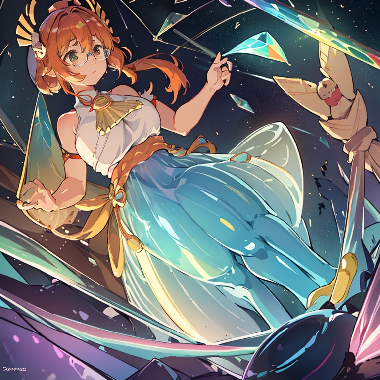 Colored cellophane girl surrounded by firefly jelly、Amazing dynamism、Amazing Angle、A sandstorm of enormous buoyancy and luster、Glowing condensation、((((Many friendly large prism lenses float together and chase each other.))))、((surround each other'big shingen mochi))、(((large prism mirror)))、(Luminous oversized prism color cellophane with branches)、
