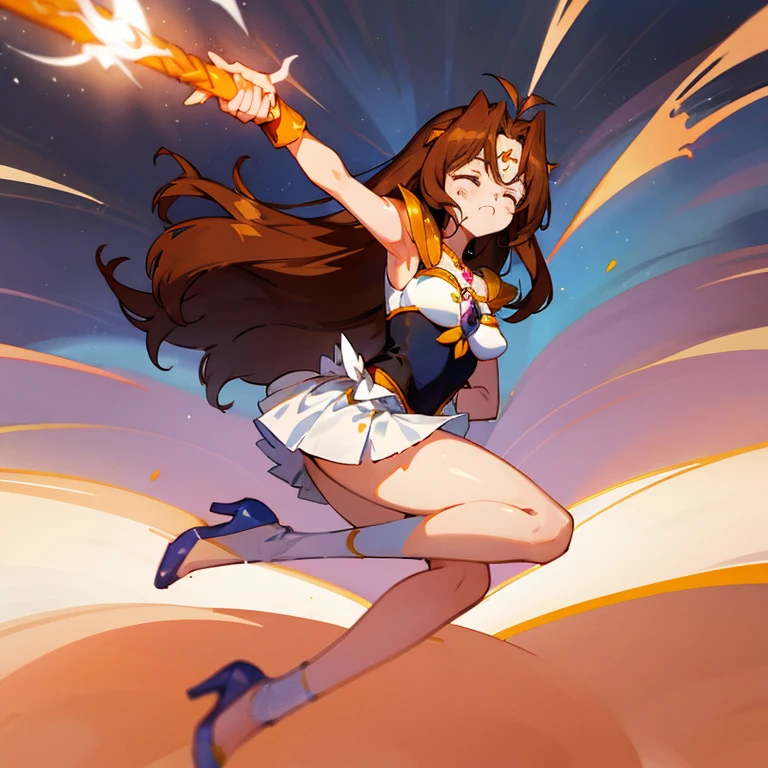 masterpeace,high quality,Yuri_Tanima, 1girl, big breast, white panties, solo, long hair,brown hair, jewelry, pleated skirt, miniskirt, armor, high heels, bracelet, magical girl, white skirt, shoulder armor, pauldrons, thighlet, tottering, open mouth, moaning, pain, suffering, struggle, choke, closed eyes, ryona, injury, dirty, flame