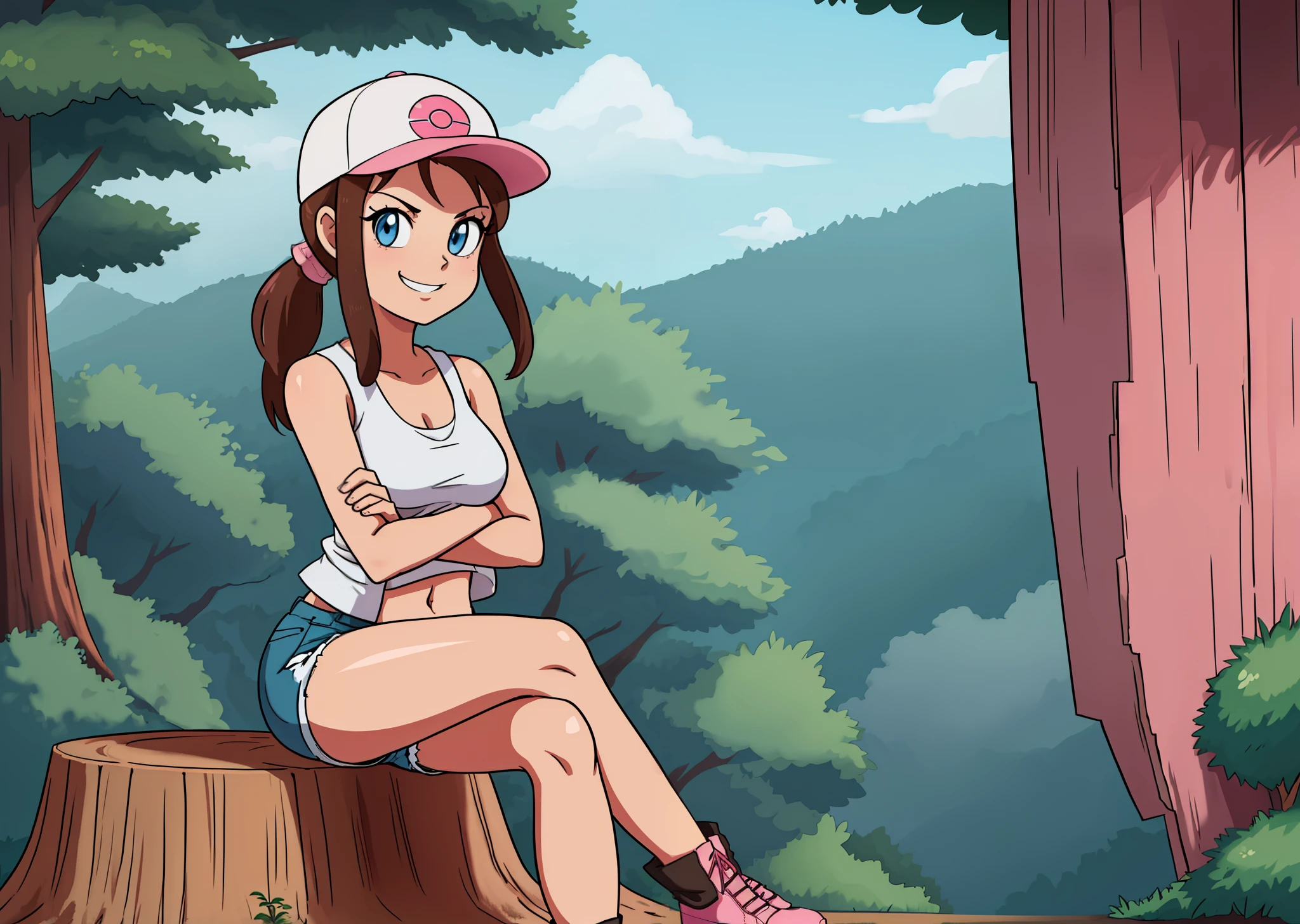 [Hilda], [Pokemon], ((masterpiece)), ((HD)), ((high res)), ((solo portrait)), ((front view)), ((full body)), ((detailed shading)), ((intricate details)), ((anime girl)), ((cinematic)), {attractive; (brown hair), (long ponytail), (cute blue eyes), (smug grin)}, {(white tank top), (navel), (short jean shorts), (exposed pockets), (black boots with pink laces), (white baseball cap with pink brim)}, {(sitting on tree stump), (crossed legs), (crossed arms), (looking at viewer)}, [background; plains, sunny, trees, sunset]