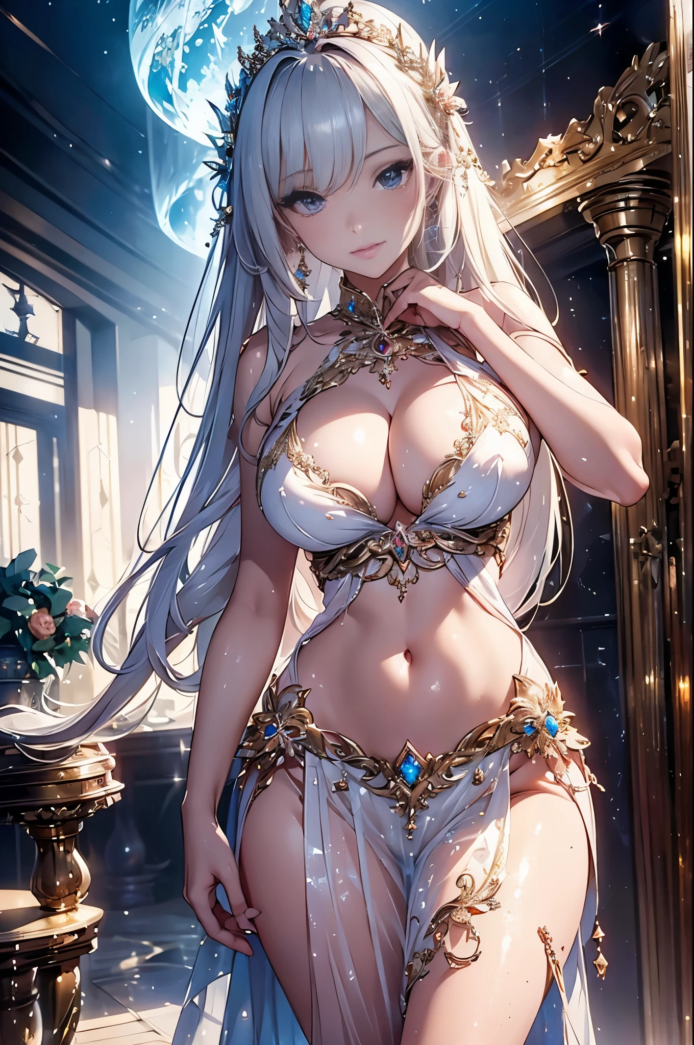 Woman in a transparent dress with red diamond crystal diamonds,view the viewer,(((nedium breasts, cleavage ))),Slim waist,(navel baring,Bare waist), Long hair, Ultra-detailed details,High-end Zhenyi station, Rainstorm site, detailed fantasy art, Stunning character art, Beautiful and exquisite character art, Beautiful gold and silver armor, Extremely detailed, Girl in shiny armor, Exquisite tiaras and jewelry,Crystal jewelry filigree, milky ways, Stunning visuals, (dynamic streaks, light tracks:1.2), Vibrant colors,