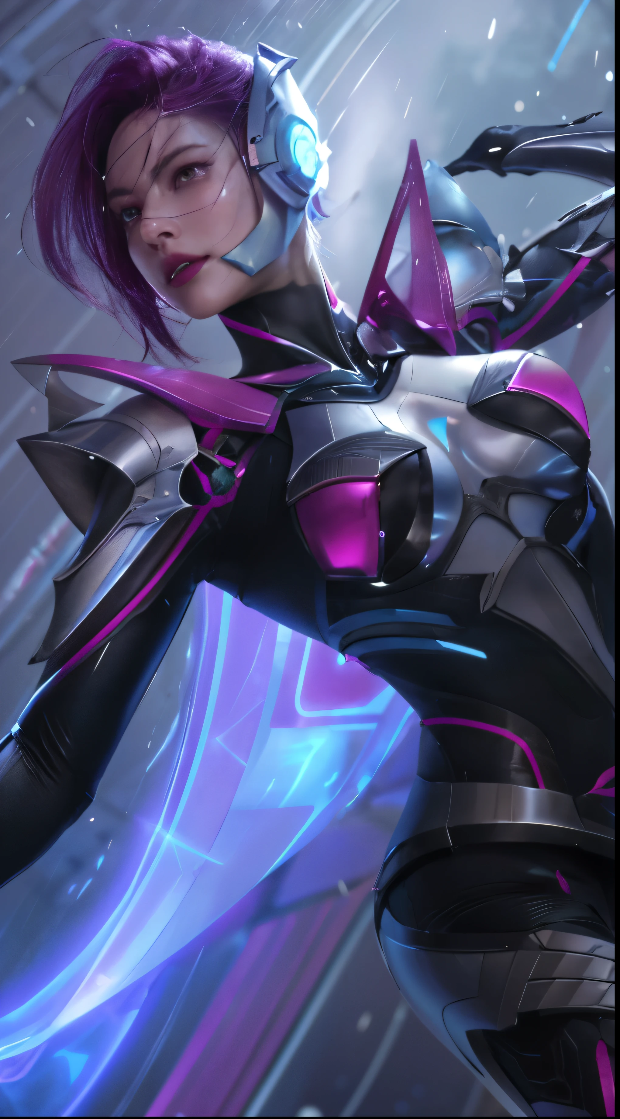 a close up of a woman in a futuristic suit holding a sword, fuchsia skin beneath the armor, extremely detailed artgerm, sharp silver armor fuchsia skin, fuchsia skin below the armor, irelia, kda, style artgerm, ig model | artgerm, fuchsia skin, orianna, artgerm detailed