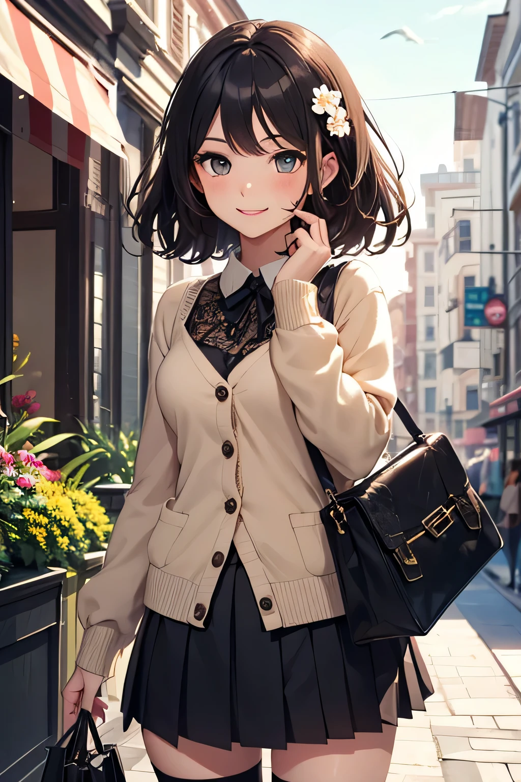Very cute and beautiful girl,Teen,(very detailed beautiful face and eyes:1.2),(White blouse),
(Smile),Cowboy Shot,Looking at Viewer,
(Beige cardigan:1.2) Break Zettai Ryoki,Brown shoulder bag,(Brown boots:1.2),
Dynamic Pose,Dynamic Angle,Hair Ornament,Black hair,(pleated black mini skirt:1.2),shopping street,cafe terrace,Flower Shop,
(Best Quality,masutepiece:1.2),Intricate details,Extremely detailed,8K resolution,Solo,Natural lighting,
Hair fluttering in the wind,Beautiful detailed sky,