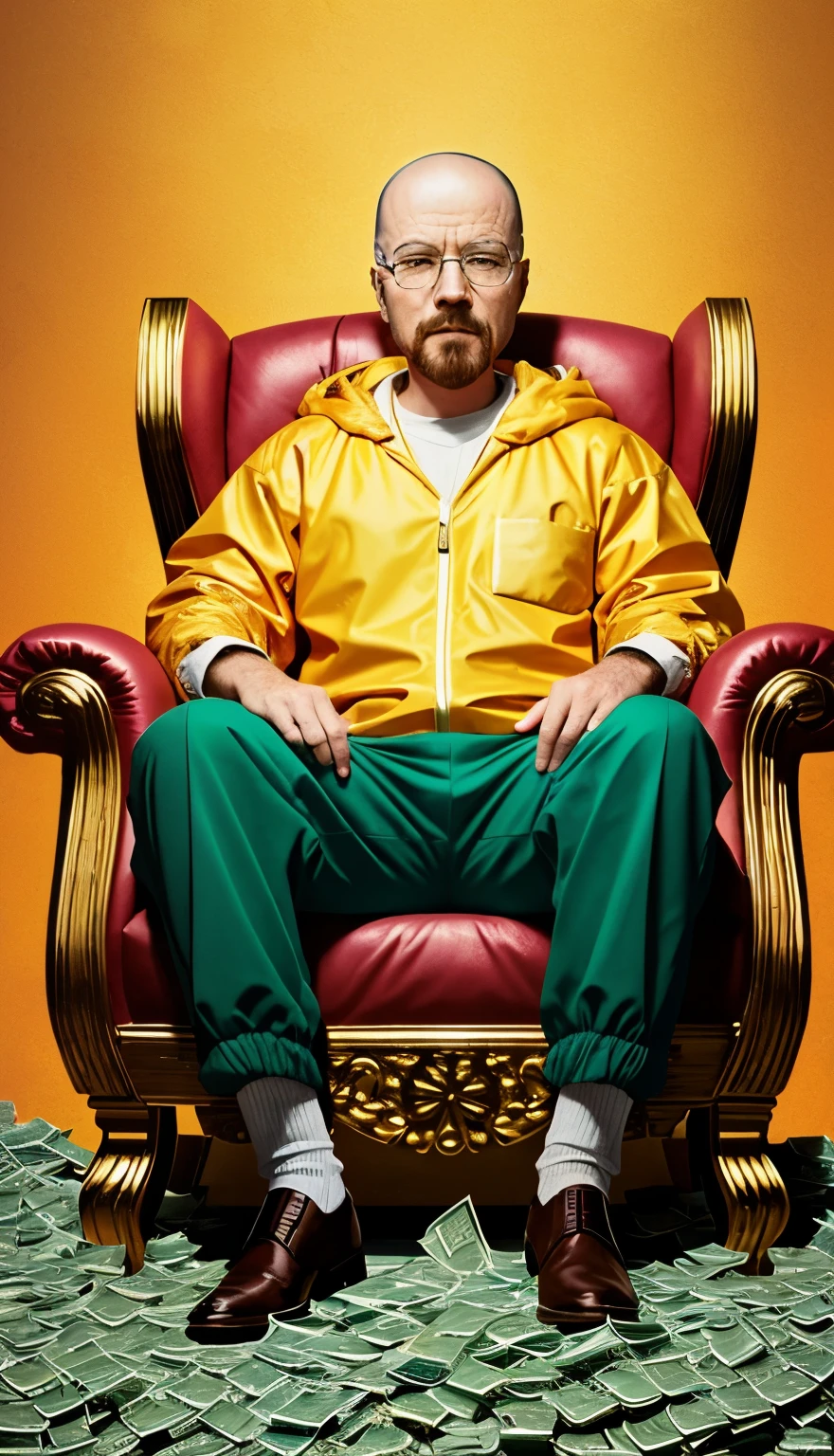 breaking bad walter white sitting on a gold throne next to a pile of money, in the style of solarization effect, colorized, yellow and emerald, uhd image, staining --ar 6:3 --stylize 300 --niji 5