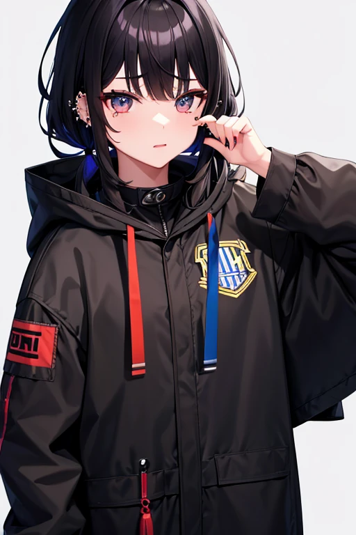 Vtuber、male people、frontage、Standing、Illustration style、Slimed、短い黒髪のmale people、parka、20yr old、1人、piercings、manicure