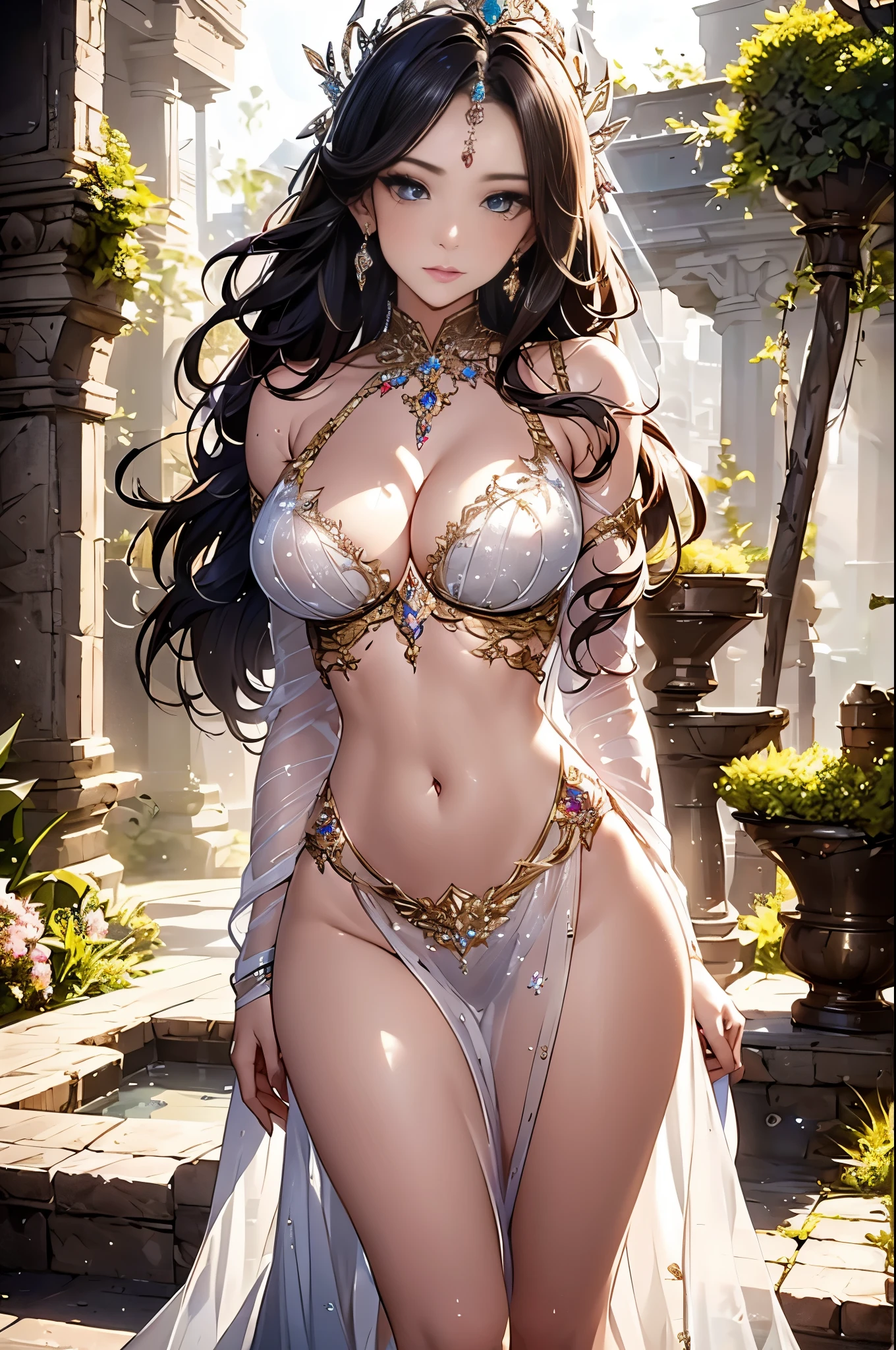 (best quality,ultra-detailed,realistic:1.37),beautiful woman,curly flowing hair,sparkling eyes,perfectly contoured face,voluptuous lips,seductive smile,alluring gaze,[big :0.9],slender waist,feminine curves,gently toned arms and legs,[short skirt:1.1],[tank top:1.1],[stylish attire:1.1],[confident posture:1.1],[charming aura:1.1],surrounded by blooming flowers,[soft sunlight:0.9],[vivid colors:1.1],serene garden,scattered petals on the ground,background filled with lush greenery,birds chirping in the distance,elegant and graceful movements,seemingly dancing with the wind,perfect blend of strength and femininity,mesmerizing beauty,others can't help but be captivated by her presence.