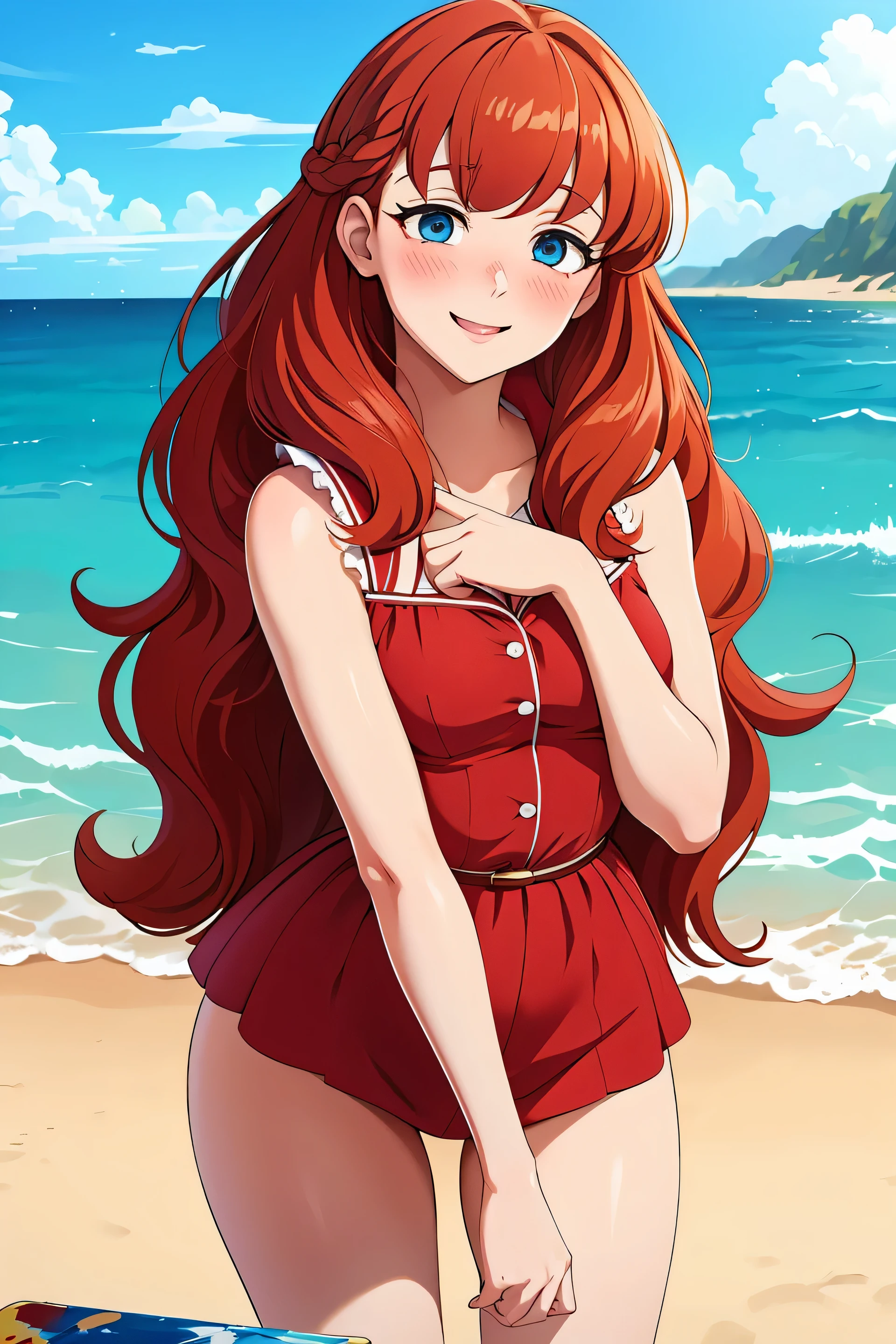 Anime style, Painting, absurderes, perfect anatomia, Hani, blush, (long hair),  in the sea, smile, redhead, (red hairlue eyes, (very detailed eyes),