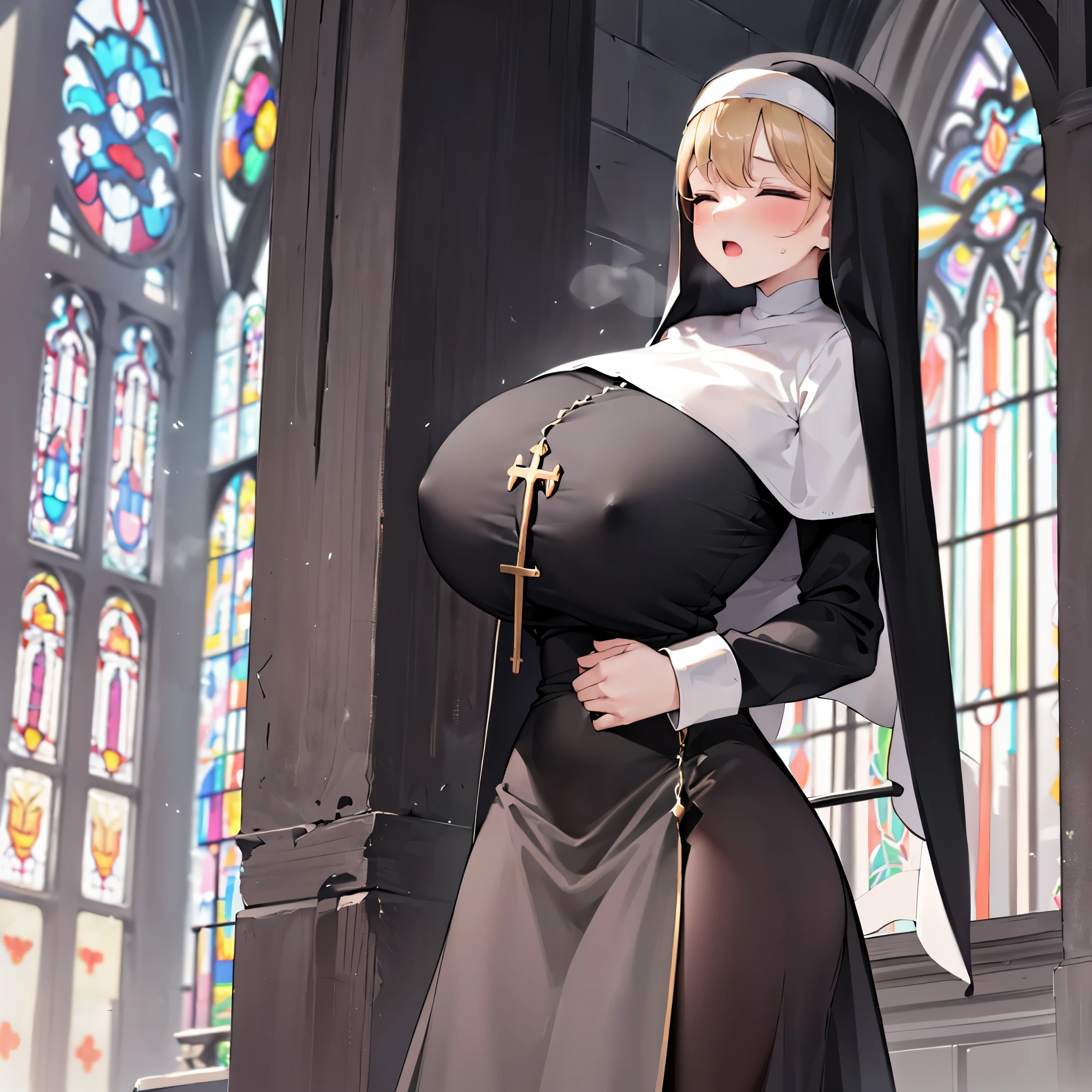 (solo 1 praying cute nun:1.3) standing in church, praying with holding hands together over chest, very thin, (black sheer long dress:1.5), (gigantic breasts:1.3), (bursting perky breasts:1.2), (black sheer long skirt:1.4), inconceivably thin waist, closing eyes, nose blush, open mouth, (heavy breathing:1.2), stained glass, full body, 8k, ultra-detailed, masterpiece