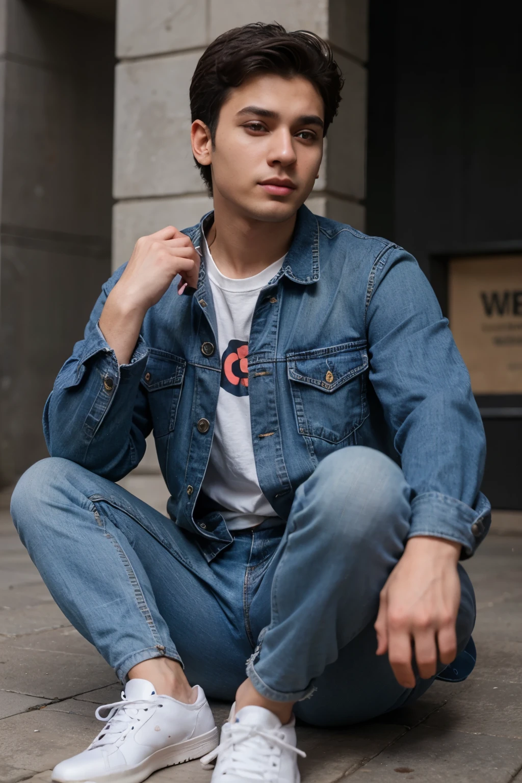 create a 3d illustration of hashtag #boy animated character sitting casually on top of a social hashtag #linkedin. the character must wear casual modern clothing such as jeans jacket and sneakers shoes. the background of the image is a social media profile page with a user name hashtag #Mohammad Abedzadeh" and profile picture that match