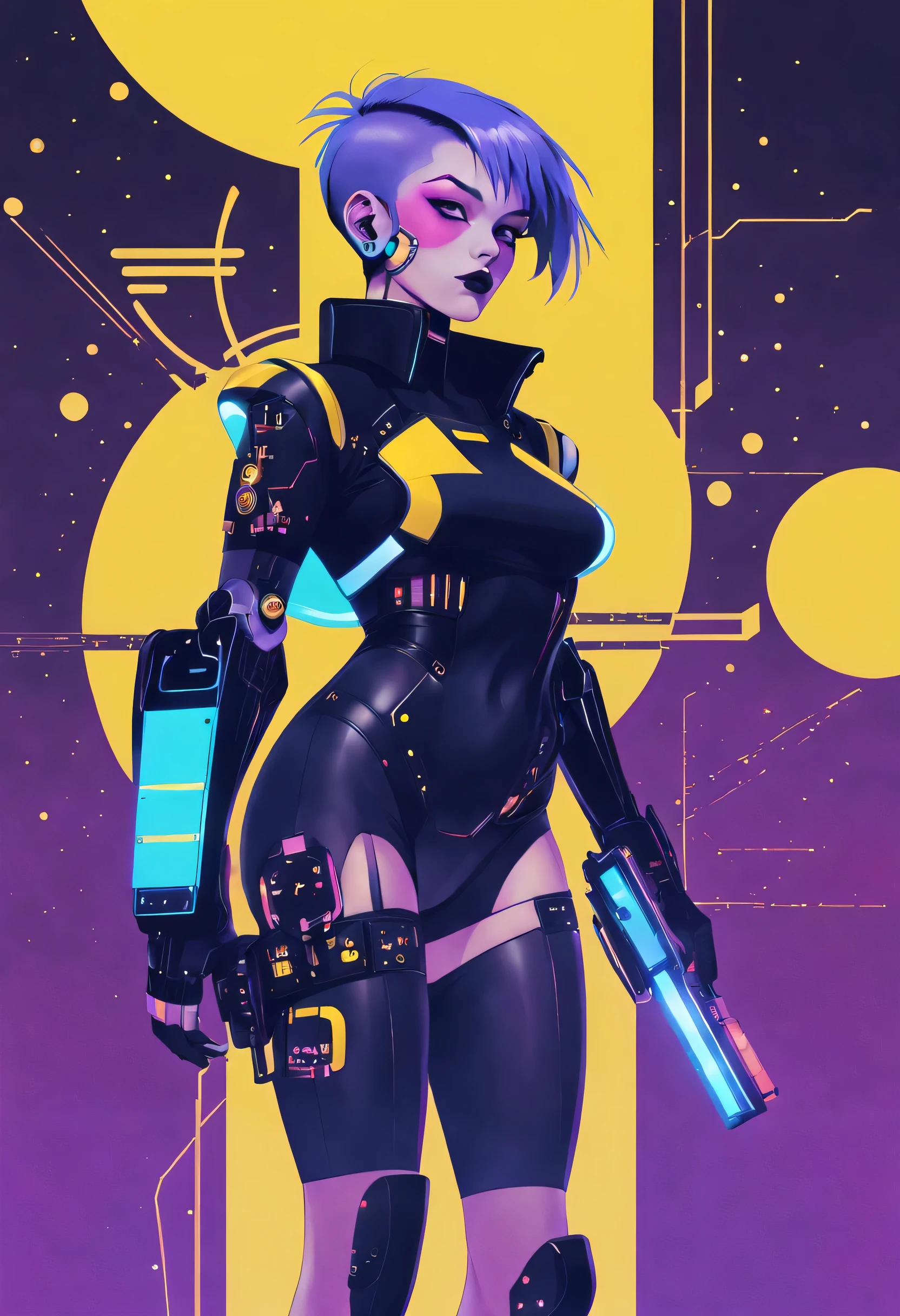 《bladerunner》filmposter:1 Lady, Starry sky and zodiac signs, Purple hues like nebulae, Vast space, cyber punk personage底部的城市, ( Background with:black and yellow Background with1.4), (RHAD:1.2), (artistic décor:1.4), (Retro-Future:1.4), (minimalist:1.4), (Clean:1.4), (Flat_colours:1.4), (cyber punk personage,Android:1.4), CCDDA art style