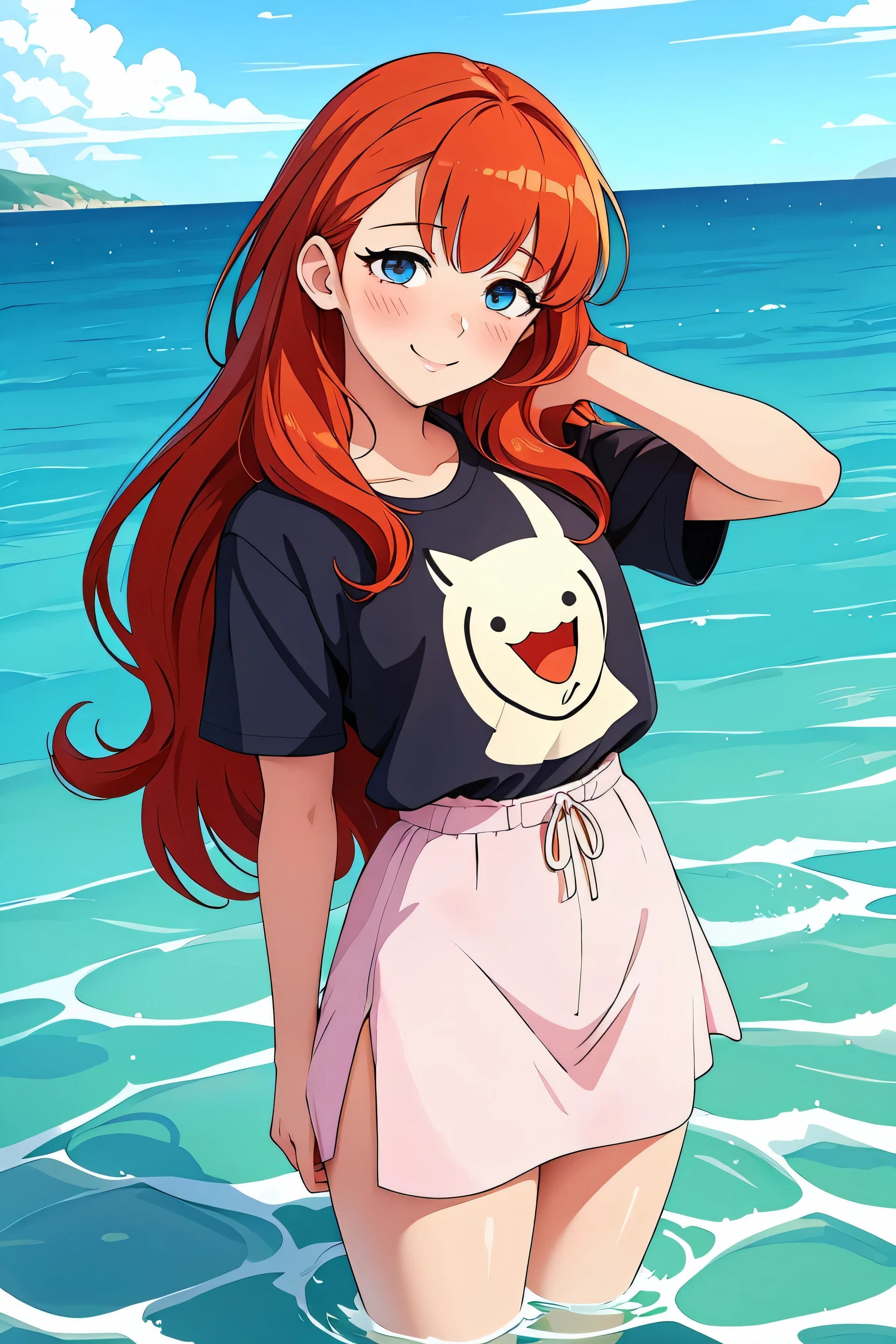 Anime style, Painting, absurderes, perfect anatomia, Hani, blush, (long hair),  in the sea, smile, redhead, (red hairlue eyes, (very detailed eyes),