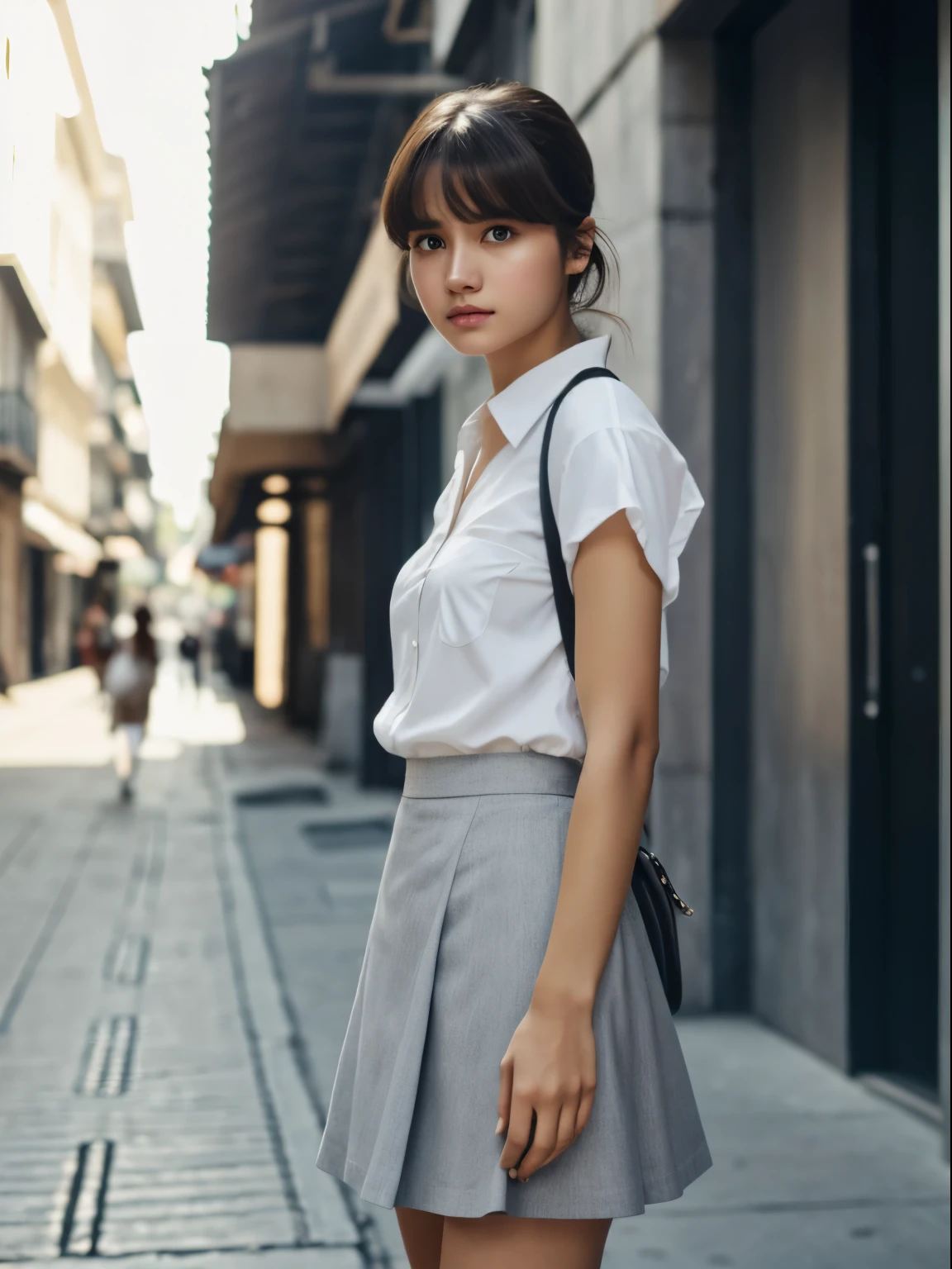 solo, girl, perfect face, nose, perfect eyes ,  bangs hairstyle, wearing white shirt and grey colour skirt, small bag on shoulder, standing,  street background , photorealistic, perfect lighting, cinematic image,