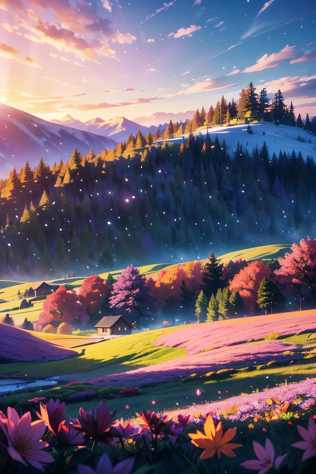 Prompt: masterpiece, best quality, ultra-detailed, 1girl, detailed water, long hair, corkscrew curls, red hair, light grey eyes, (close-up), maple trees, everywhere mistletoe, gorgeous, maple and spruce trees, cherry, cherry tree, smile, view from front, wolf ears, snowy background, science fiction, multiple tails, Tall evergreens stand tall and proud, their branches weighed down by heavy snow, volumetric lighting AND masterpiece, best quality, high quality, extremely detailed CG unity 8k wallpaper A vibrant spring landscape, bursting with new life and color. Rolling hills are covered with a carpet of green, dotted with delicate wildflowers in shades of pink, purple, and yellow, volumetric lighting