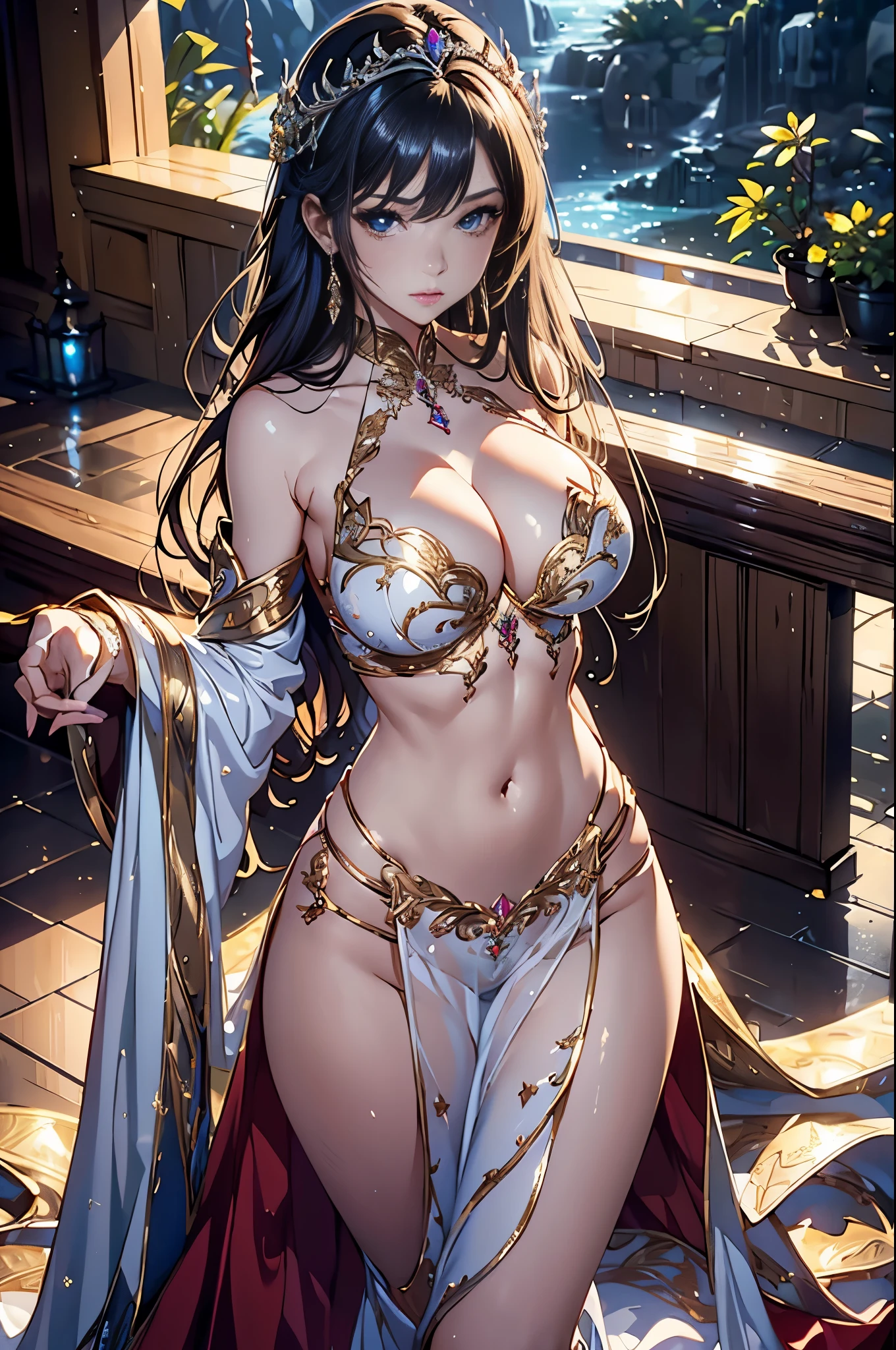 Woman in a transparent dress with red diamond crystal diamonds,view the viewer,(((nedium breasts, cleavage ))),Slim waist,(navel baring,Bare waist), Long hair, Ultra-detailed details,High-end Zhenyi station, Rainstorm site, detailed fantasy art, Stunning character art, Beautiful and exquisite character art, Beautiful gold and silver armor, Extremely detailed, Girl in shiny armor, Exquisite tiaras and jewelry,Crystal jewelry filigree, milky ways, Stunning visuals, (dynamic streaks, light tracks:1.2), Vibrant colors,