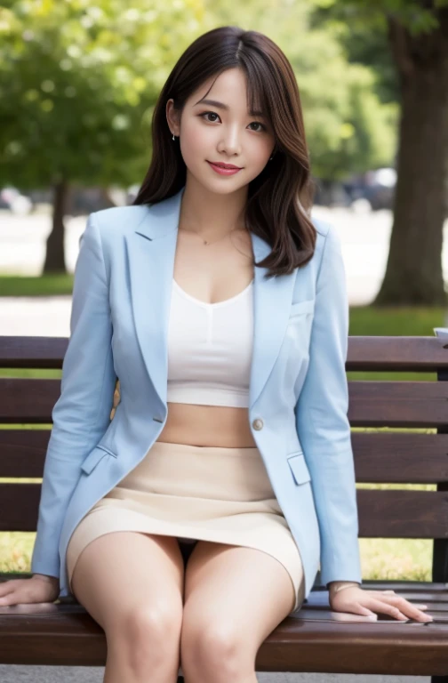 Japan Women、Women's Suits、Tight mini skirt (High color saturation:1.0), sit on a bench、 (highlydetailed skin), (Best Quality:1.0), Show panties(超A high resolution:1.0) ,(photographrealistic:1.0), (ultra-detailliert:1.0), (8K, Raw photo:1.1), (Smile:0.7)