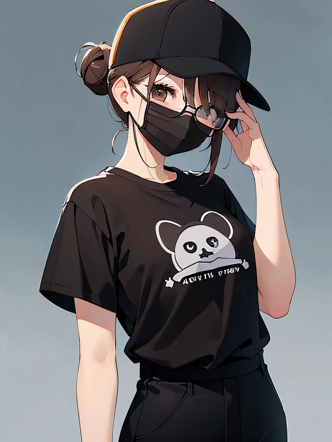 under-rim glasses, black baseball cap, mouth mask, masterpiece、top-quality、 hair over one eye, hair bun, A 25-year-old brown-eyed woman with medium hair and bright chestnut bangs.、wearing black tshirt、Wearing black pants、is standing、The background is office、Bold composition、Upper body is shown、Alone、