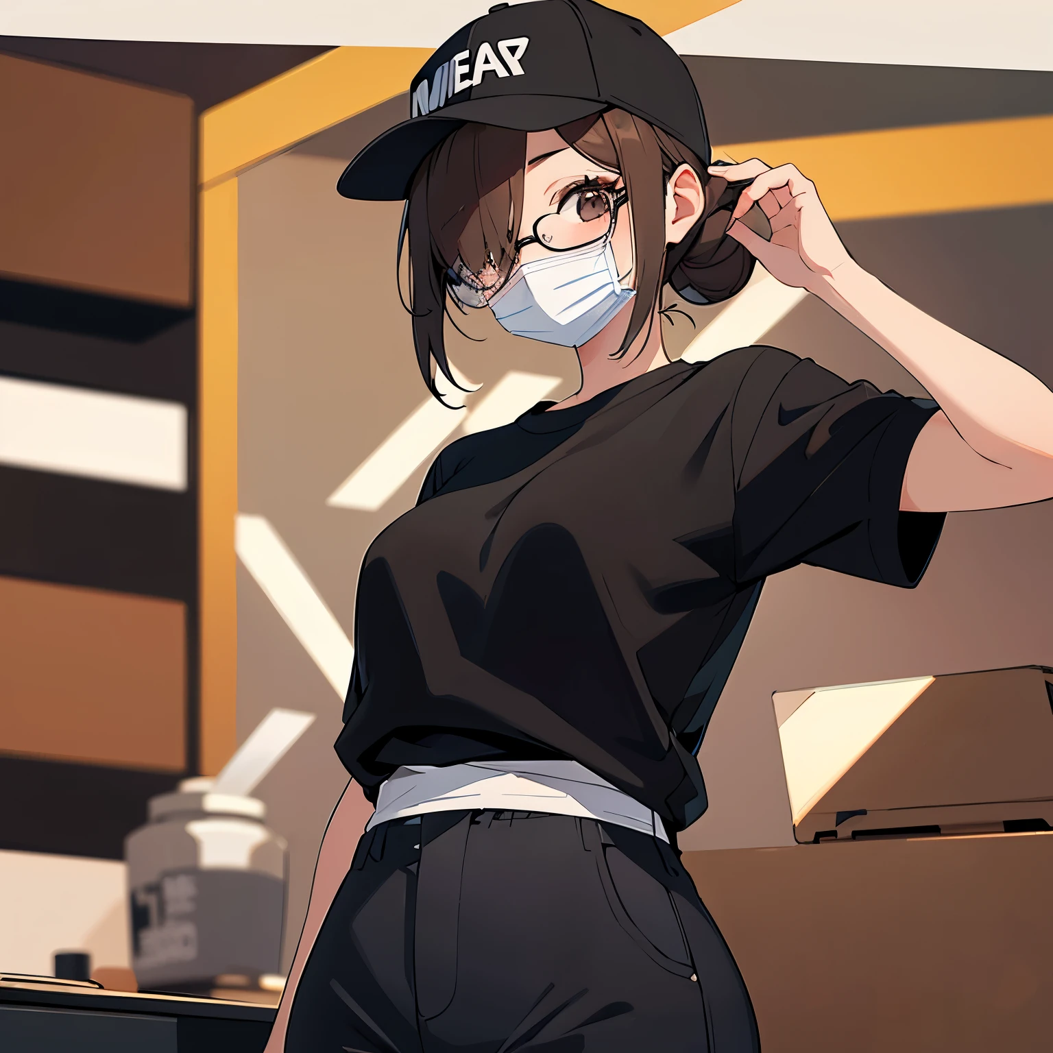 under-rim glasses, black baseball cap, mouth mask, masterpiece、top-quality、 hair over one eye, hair bun, A 25-year-old brown-eyed woman with medium hair and bright chestnut bangs.、wearing black tshirt、Wearing black pants、is standing、The background is office、Bold composition、Upper body is shown、Alone、