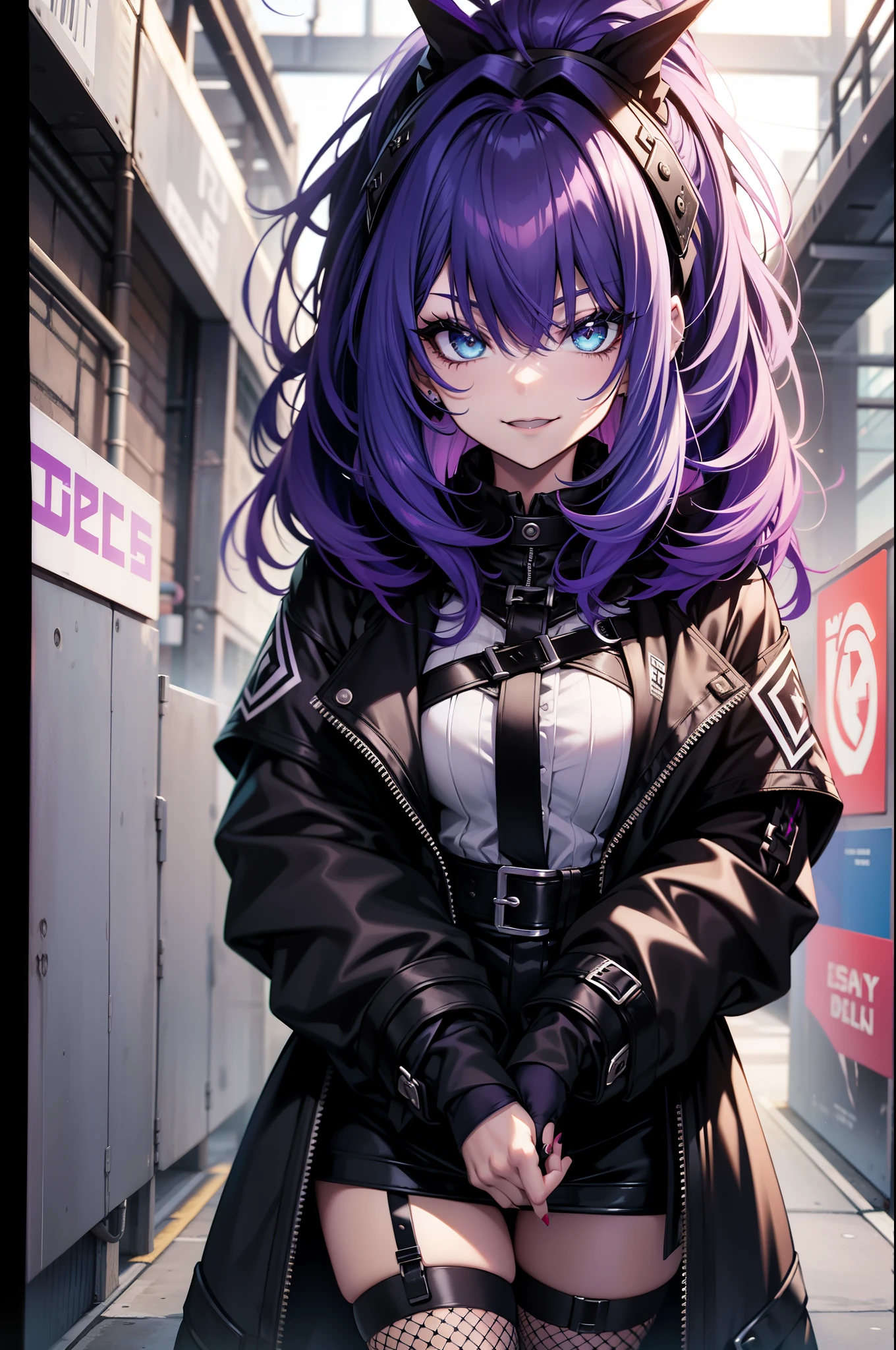 young girl, black lipstick, cyan hair, purple locks in hair, mohawk hairstyle white wall behind, goth clothes, black letter outfits, 4k, fishnet stockings, smilling,