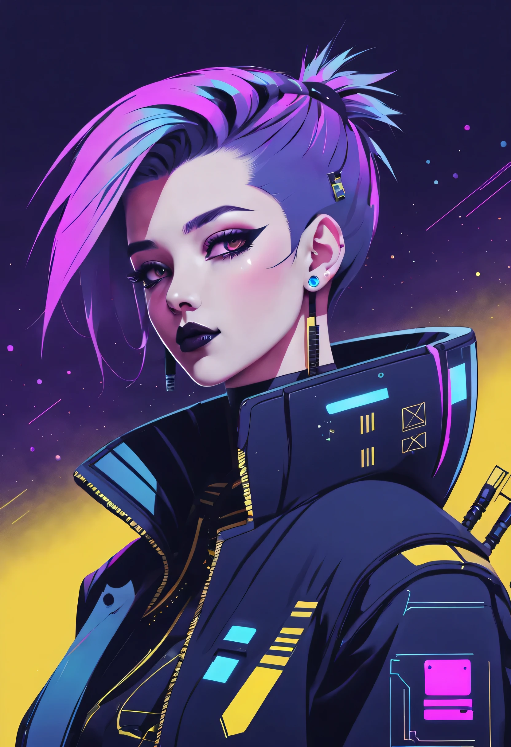 《bladerunner》filmposter:1 Lady, Starry sky and zodiac signs, Purple hues like nebulae, Vast space, cyber punk personage底部的城市, ( Background with:black and yellow Background with1.4), (RHAD:1.2), (artistic décor:1.4), (Retro-Future:1.4), (minimalist:1.4), (Clean:1.4), (Flat_colours:1.4), (cyber punk personage,Android:1.4), CCDDA art style