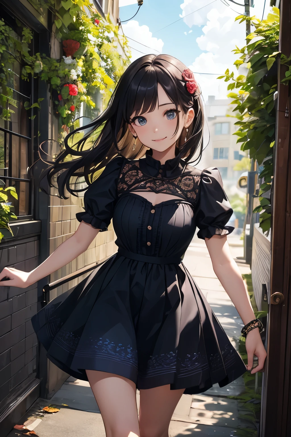 very cute and beautiful girl,(highly detailed beautiful face and eyes:1.2),(smile),cowboy shot,
navy blue frilled dress,walking,dynamic pose,(detailed legs,mini skirt:0.9),
dynamic angle,black hair,(rose garden),navy harbor,warships in distance,
(best quality,masterpiece:1.2),(intricate details:1.2),highres,extremely detailed,
solo,natural lighting,hair fluttering in the wind,beautiful detailed sky,