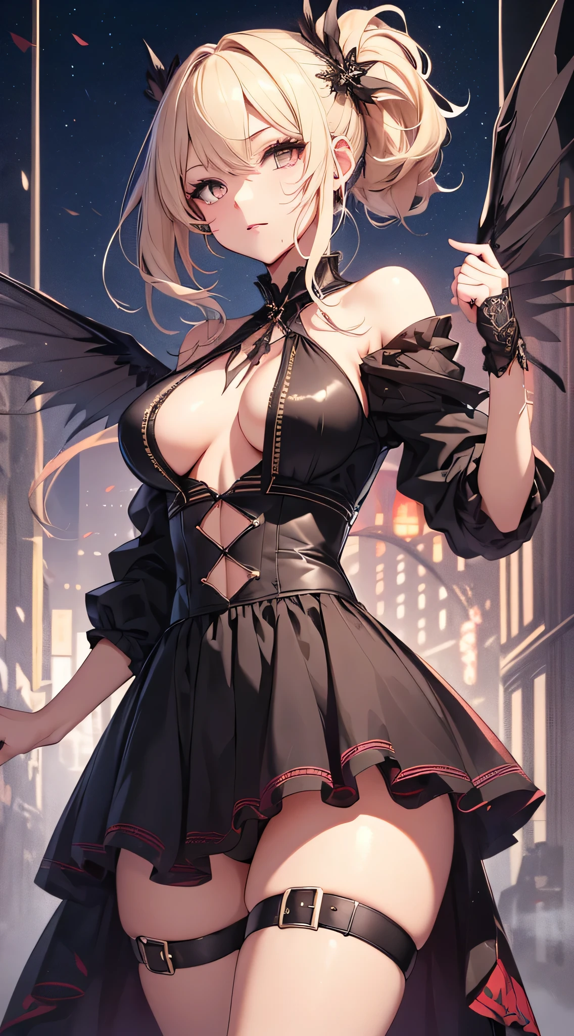 top-quality、Top image quality、​masterpiece、s girl((18year old、 Ager、Best Bust、Medium bust,wide open breast tea、Golden Eyes, a blond、poneyTail、A slender,Highest valley、black vampire skirt、vampire makeup、Black wings、White powder makeup、Return blood)),hiquality、Beautiful Art、Background with((Night Live House)),masutepiece、depth of fields、movie、visualart、Perfect Art、POV POV Perspective