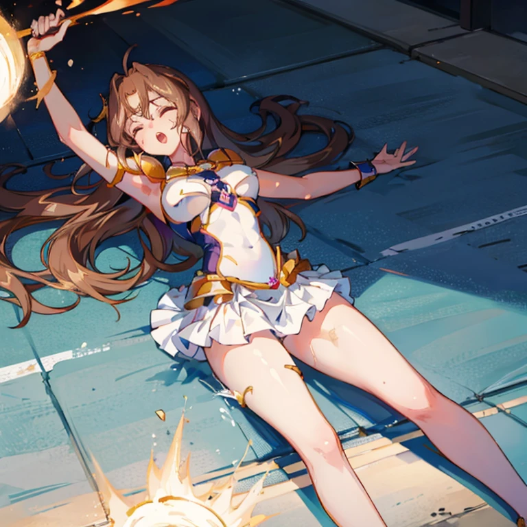 after sex, masterpeace,high quality,Yuri_Tanima, 1girl, big breast, solo, long hair,brown hair, jewelry, pleated skirt, miniskirt, armor, high heels, bracelet, white skirt, shoulder armor, pauldrons, thighlet, open mouth, moaning, pain, suffering, struggle, choke, closed eyes, ryona, injury, dirty, laying on ground
