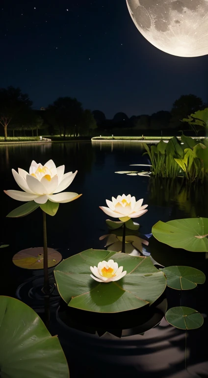 Artistic style intricate illustrations,Lotus pond moonlight,Render in 3D,And draw inspiration from postmodern art, As a play by the Guggenheim,Best quality,realistically,realistically,ultradetailed,It has highly detailed carvings ,