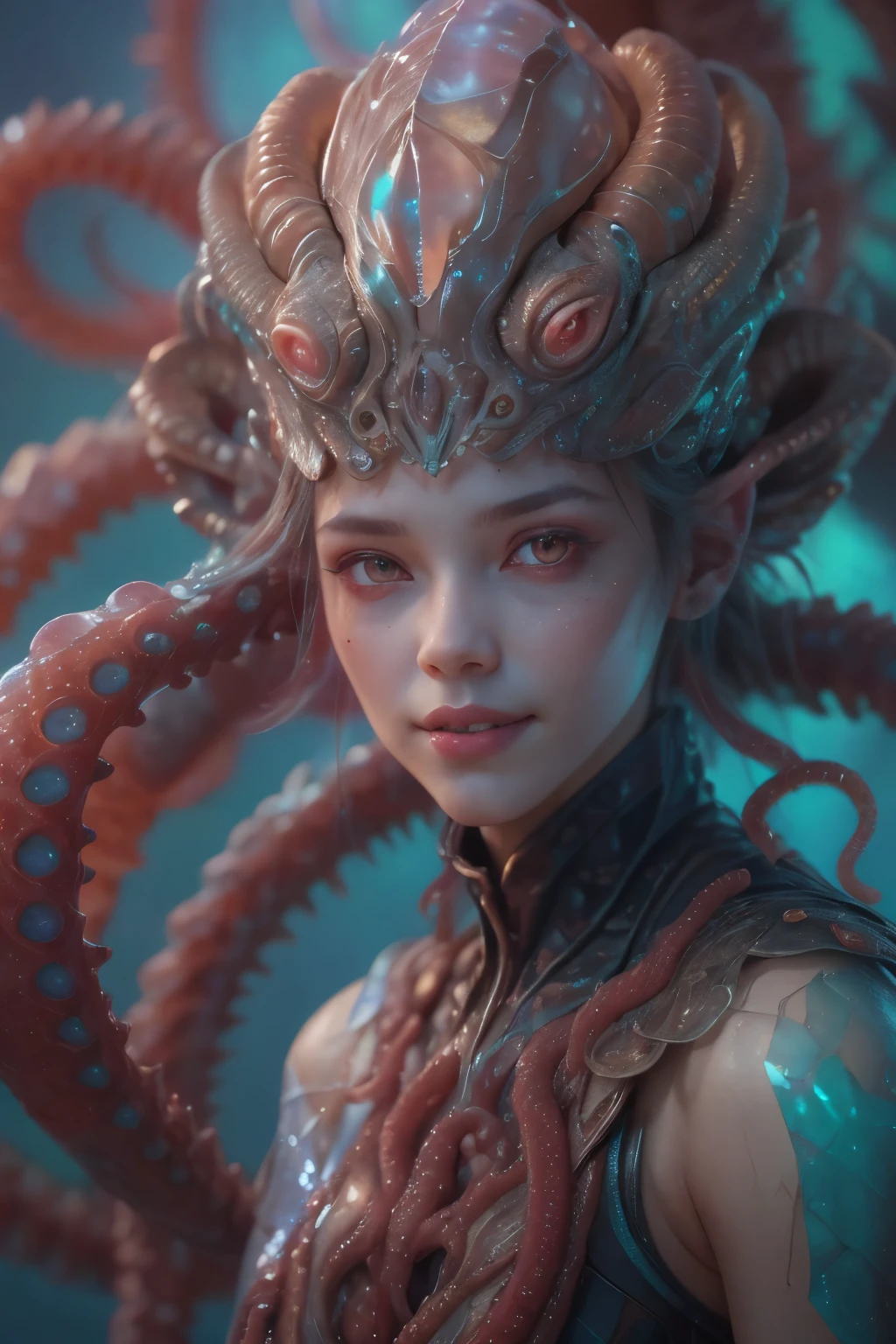 Portrait, (beautiful female alien:1.2), (she has red eyes with no pupils:1.8), (Translucent skin:1.7), (There is a female genital-like organ in the middle of the forehead:1.9), (The most beautiful face in the history of the universe:1.2),an evil gaze that seduces, (large mouth:1.1), (sharp teeth like a vampire:1.2), Full body like, (bio luminescent:1.5), (Smile wickedly:1.3), (sexypose:1.5), alien, No humans, cells are fused, (Lots of translucent tentacles:1.3) extraterrestrial, cell, bio image, Best Quality, 8K,4K_quality, High Definition, Dramatic Lighting, masutepiece:1.5,cinematic quality, detail up, (Intricate details:1.2), High resolution, High Definition, drawing faithfully, (Thick eyebrows:1.2), Beautiful eyes with fine symmetry,(Highly detailed face and eyes:1.2), Intimate face, (Super detailed skin quality feeling:1.4), Perfect Anatomy, (Beautiful toned body:1.5), (Moist skin:1.2), No makeup, (dark circles:1.1), long canines, cinematic drawing of characters, ultra high quality model, cinematic quality, detail up, (Intricate details:1.2), High resolution, High Definition, drawing faithfully, Official art, Unity 8K wall , 8K Portrait, Best Quality, Very High resolution, ultra detailed artistic photography, midnight aura, unreal engine 5, Ultra Sharp Focus, art by alberto seveso, ArtGerm, Roisch, intricate artwork, best quality, masutepiece, ultra High resolution, (photos realistic:1.4), Ultra-realistic realism, dream-like, nautilus, Creation of fantasy, Snail, Dream Snail, (biopunk nautilus:1.3), Thrilling color schemes, Ultra-realistic realism, seductively smiling, Blue tentacles,