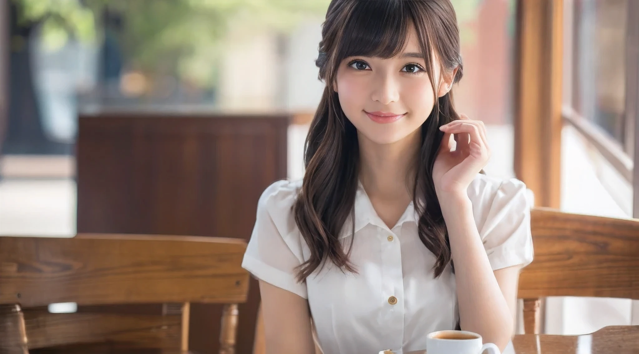 (Best quality at best, 4K, 8K, A high resolution, tmasterpiece: 1.2), 超詳細, sportrait, actual, modern haircut, 美丽细致的眼睛, beautiful detailed lips, Extremely detailed face, Long eyelashes, girl, white  shirt, Light brown, Navy blue pleated miniskirt, An innocent smile, vivd colour, Soft light Sit back straight, in a cafe, drinking a coffee, Coffee cup in hand