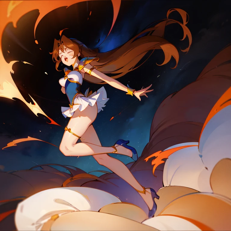 masterpeace,high quality,Yuri_Tanima, 1girl, big breast, (white panties:1.4), solo, long hair,brown hair, jewelry, pleated skirt, miniskirt, armor, high heels, bracelet, white skirt, shoulder armor, pauldrons, thighlet, tottering, open mouth, moaning, pain, suffering, struggle, choke, closed eyes, ryona, injury, dirty, flame, red lightning, dark atmosphere