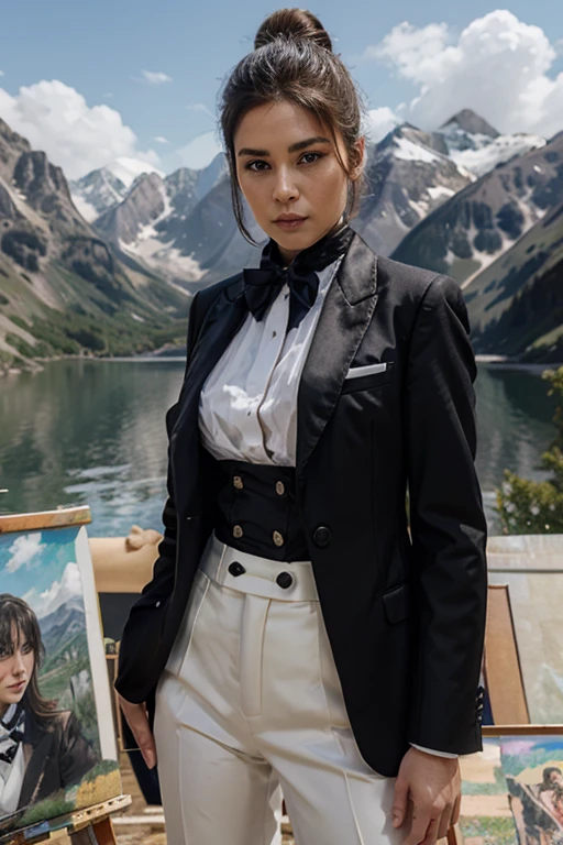 Draw a sketch of the character in this painting, with a mountainous background, wearing a tailcoat, glossy skin, cool hairstyle, 4K quality, and looking young.