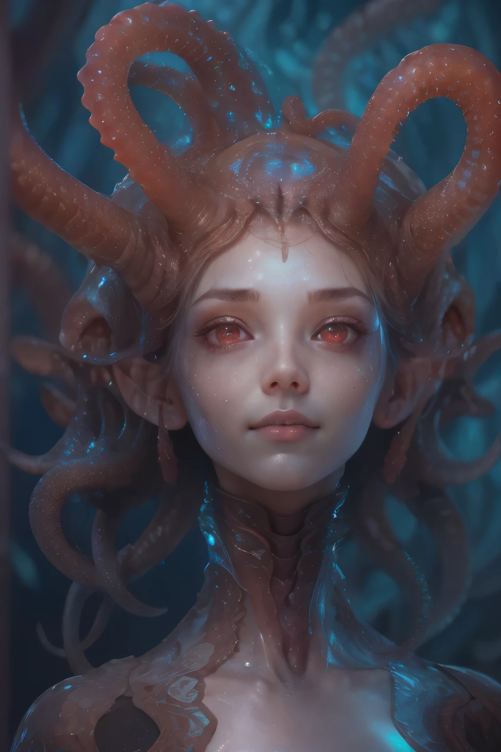 Portrait, (beautiful female alien:1.2), (she has red eyes with no pupils:1.8), (Translucent skin:1.7), (There is a female genital-like organ in the middle of the forehead:1.9), (The most beautiful face in the history of the universe:1.2),an evil gaze that seduces, (large mouth:1.1), (sharp teeth like a vampire:1.2), Full body like, (bio luminescent:1.5), (Smile wickedly:1.3), (sexypose:1.5), alien, No humans, cells are fused, (Lots of translucent tentacles:1.3) extraterrestrial, cell, bio image, Best Quality, 8K,4K_quality, High Definition, Dramatic Lighting, masutepiece:1.5,cinematic quality, detail up, (Intricate details:1.2), High resolution, High Definition, drawing faithfully, (Thick eyebrows:1.2), Beautiful eyes with fine symmetry,(Highly detailed face and eyes:1.2), Intimate face, (Super detailed skin quality feeling:1.4), Perfect ???????, (Beautiful toned body:1.5), (Moist skin:1.2), No makeup, (dark circles:1.1), long canines, cinematic drawing of characters, ultra high quality model, cinematic quality, detail up, (Intricate details:1.2), High resolution, High Definition, drawing faithfully, Official art, Unity 8K wall , 8K Portrait, Best Quality, Very High resolution, ultra detailed artistic photography, midnight aura, unreal engine 5, Ultra Sharp Focus, art by alberto seveso, ArtGerm, Roisch, intricate artwork, best quality, masutepiece, ultra High resolution, (photos realistic:1.4), Ultra-realistic realism, dream-like, nautilus, Creation of fantasy, Snail, Dream Snail, (biopunk nautilus:1.3), Thrilling color schemes, Ultra-realistic realism, seductively smiling, Blue tentacles,