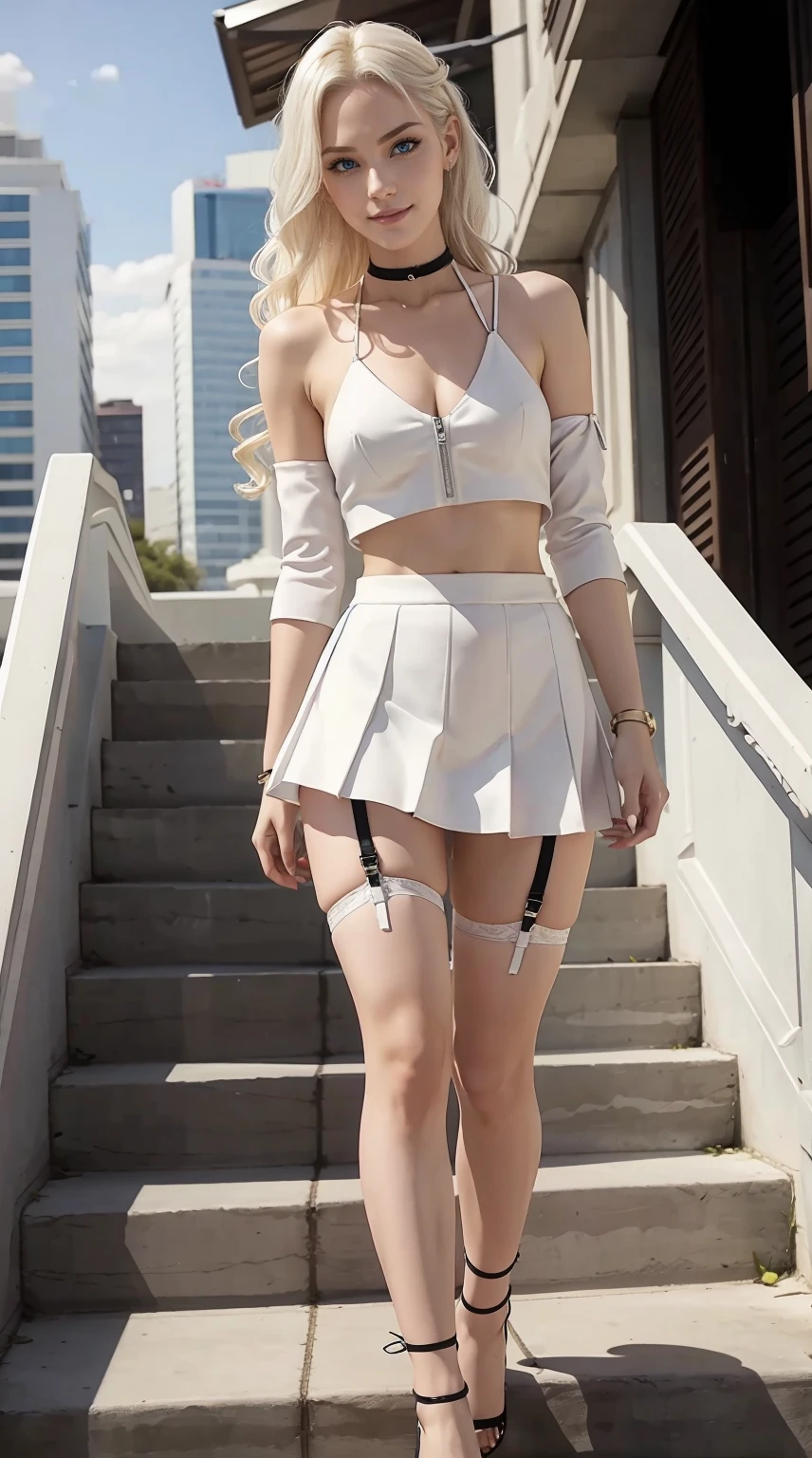 22 year old white female、Hair color is platinum blonde、blue eyess、Longhaire、Hair is wavy、accessories on wrist、I&#39;m wearing a choker、skin is smooth、a smile、Slender but muscular body、wearing fingerless gloves、wearing zip-up tops、I&#39;m wearing a low-rise pleated skirt、wearing garter stockings、I'm wearing high heels、I'm pounding my chest、I have a clutch bag、a smile、Holding the handrail of the stone steps in the city、My abs are cracked、I can see the belly button