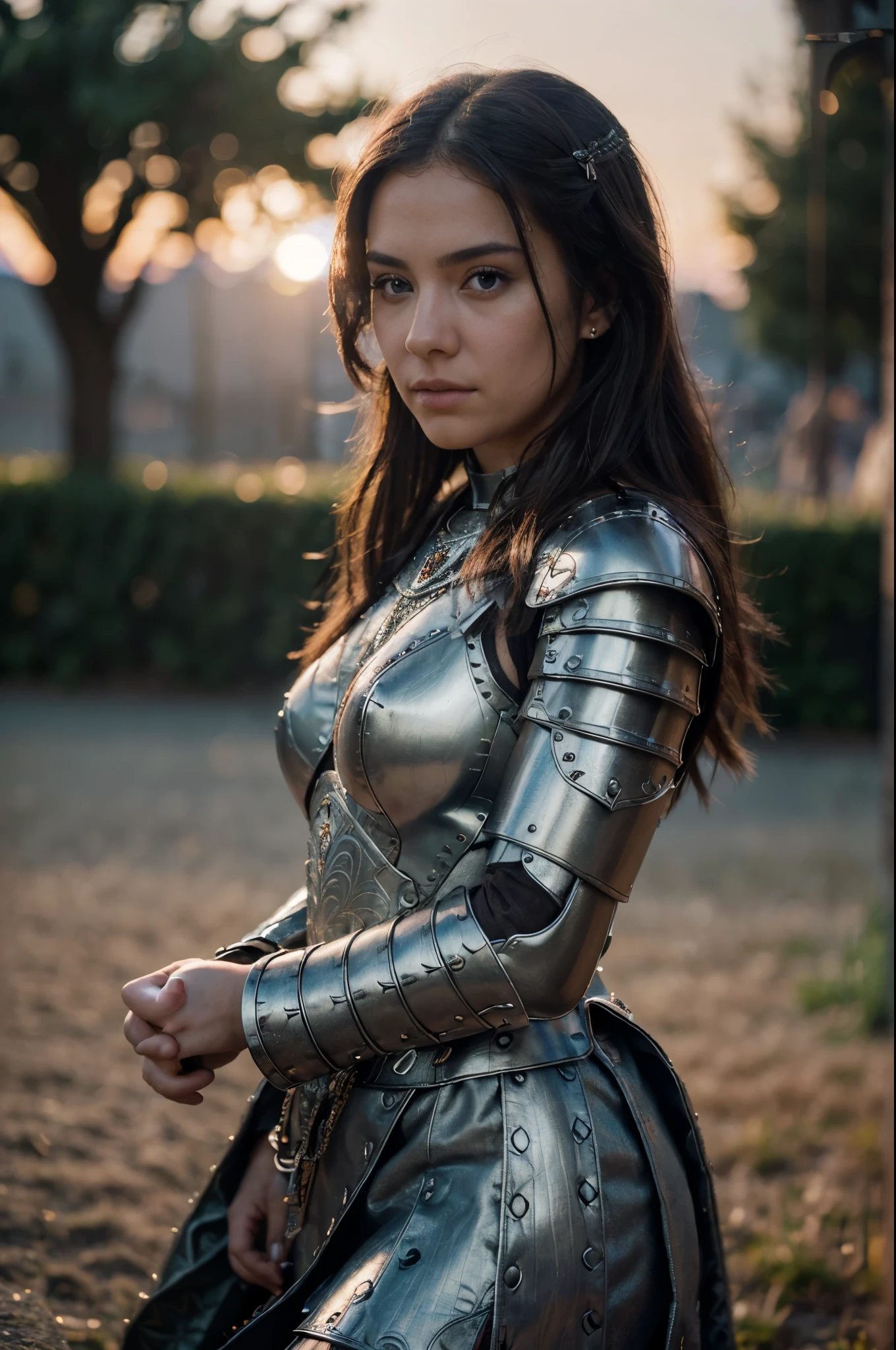(masterpiece), (extremely intricate:1.3), (realistic), portrait of a girl, the most beautiful in the world, (medieval armor), metal reflections, upper body, outdoors, intense sunlight, far away castle, professional photograph of a stunning woman detailed, sharp focus, dramatic, award winning, cinematic lighting, octane render unreal engine, volumetrics dtx, (film grain, blurry background, blurry foreground, bokeh, depth of field, sunset, motion blur:1.3), chainmail