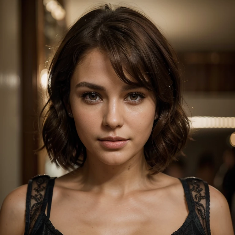 Breathtaking cinematic photo of a 30 year old girl with brown hair and brown eyes, happy, cheerful expression, closed mouth, beautiful lips, intricate details, shallow depth of field, highly detailed, high budget, epic Hollywood film, gorgeous, masterpiece, award-winning, professional, highly detailed, detailed skin texture, (blush: 0.5), (goosebumps: 0.5). (the most beautiful woman in the world) (brown hair) (short curly hair, wild hair, stylish cut) thin face, thin nose, beautiful, very beautiful, perfect face, slender body (slender), (brown hair) (brown eyes ) (white skin) Beautiful body, western face, predatory eyes, pink lips, thick thighs. full body, western beauty, thin nose, beautiful, perfect, ((best quality)), ((ultra resolution)), ((photorealistic: 1.4)), (intricate details), perfect face, makeup: 1.5 , clear face, facial details. front view ((uniform, tactical costume, agent costume, spy))