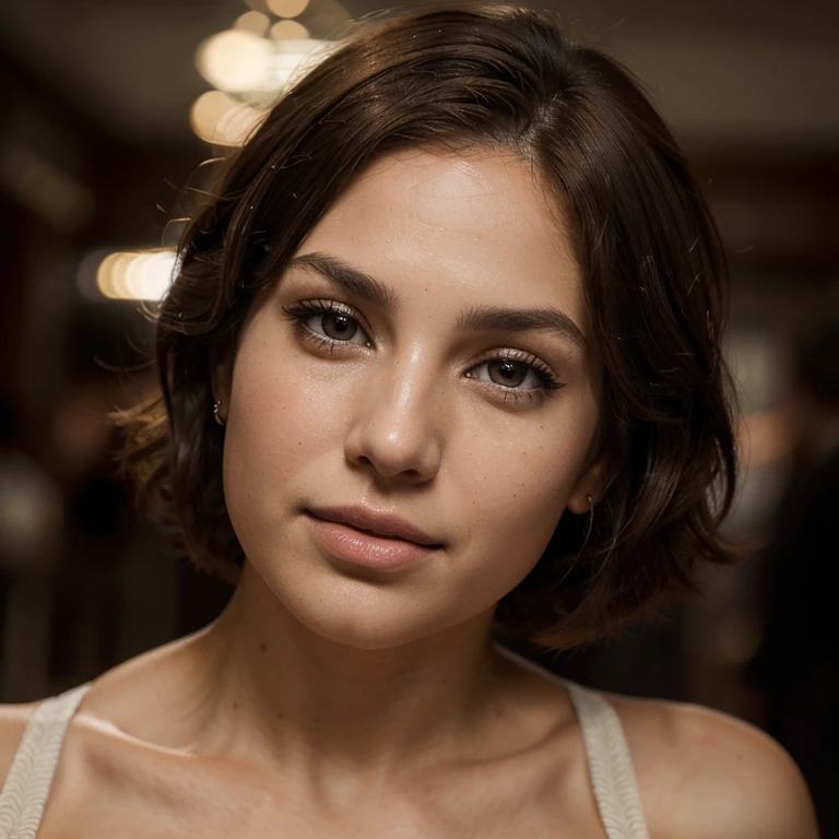 Breathtaking cinematic photo of a 30 year old girl with brown hair and brown eyes, happy, cheerful expression, closed mouth, beautiful lips, intricate details, shallow depth of field, highly detailed, high budget, epic Hollywood film, gorgeous, masterpiece, award-winning, professional, highly detailed, detailed skin texture, (blush: 0.5), (goosebumps: 0.5). (the most beautiful woman in the world) (brown hair) (short curly hair, wild hair, stylish cut) thin face, thin nose, beautiful, very beautiful, perfect face, slender body (slender), (brown hair) (brown eyes ) (white skin) Beautiful body, western face, predatory eyes, pink lips, thick thighs. full body, western beauty, thin nose, beautiful, perfect, ((best quality)), ((ultra resolution)), ((photorealistic: 1.4)), (intricate details), perfect face, makeup: 1.5 , clear face, facial details. front view ((uniform, tactical costume, agent costume, spy))