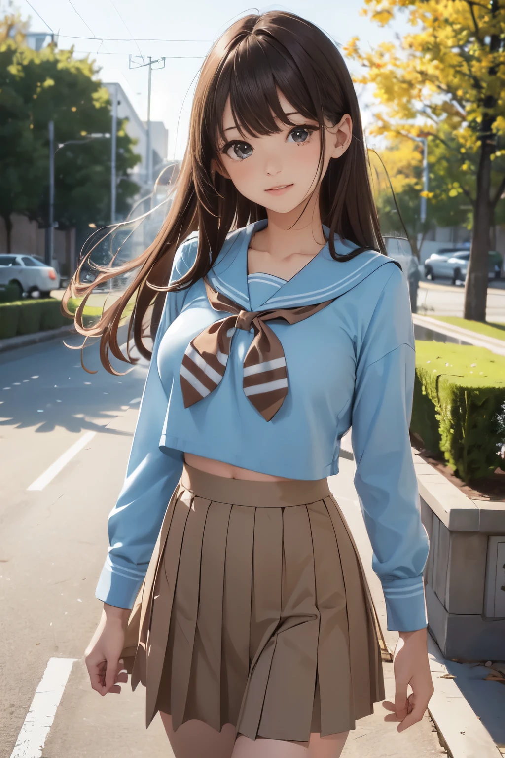 (in 8K, best quality, masutepiece:1.2)、超A high resolution、1 very cute and beautiful girl、ultra-detailed face,detailed eyes,Cinema Lighting、cute little、A dark-haired、long straight hair、blunt bangs,expressionless,open mouth,nose blash,sensuous smile, big breast,BREAK,wearing brown serafuku, (brown:1.5),(midriff),sailor suit,(big sailor collar)、(brown sailor collar),brown ribbon tie, (light blue tops:1.5), long sleeves, (hem out),brown cuffs with three light blues tripes,(brown pleated skirt),plain, (short-skirt:1.5),BREAK,Walking through the schoolyard with a view of the school building and flower beds