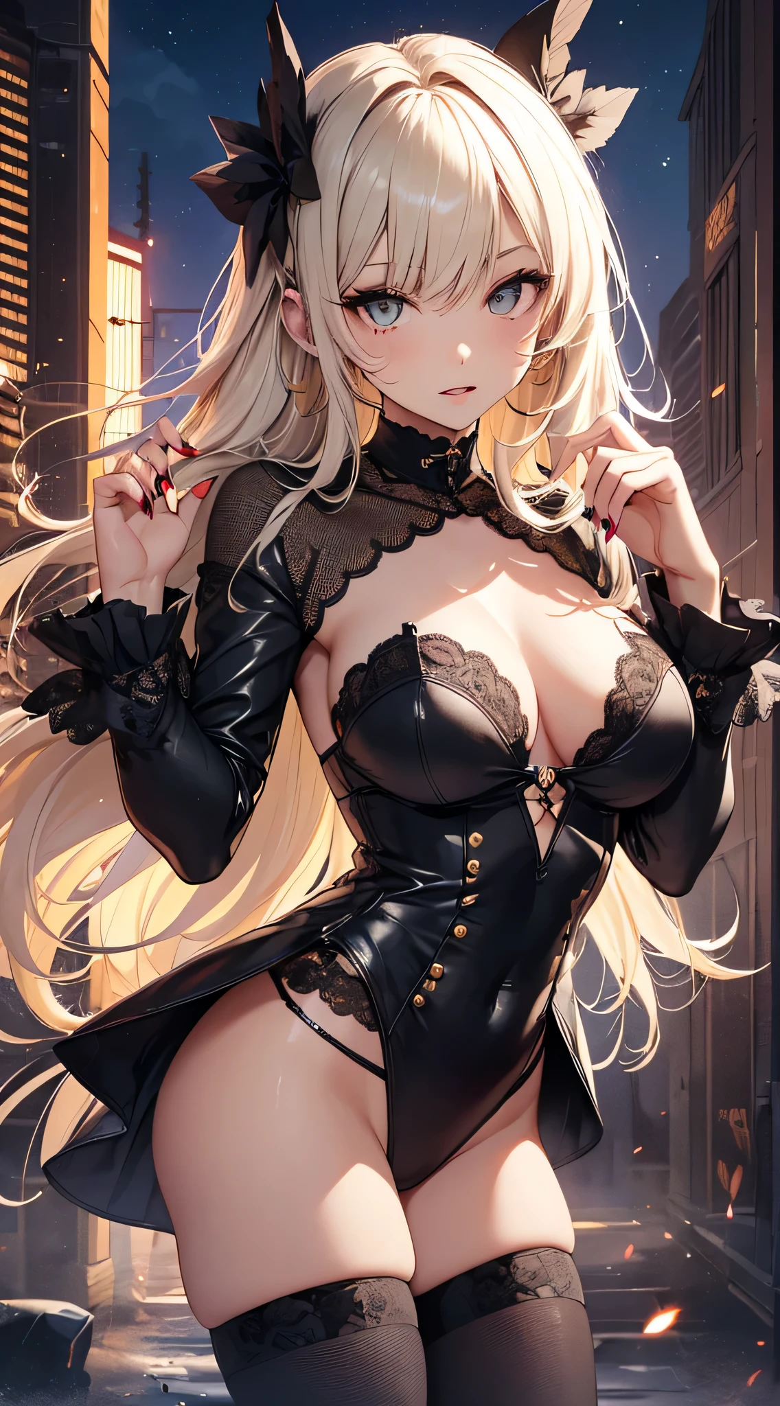 top-quality、Top image quality、masterpiece、s girl((18year old、 Ager、Best Bust、Medium bust,wide open breast tea、Golden Eyes, a blond、poneyTail、A slender,Highest valley、black vampire skirt、vampire makeup、Black wings、White powder makeup、red nail polish、Goth Lolihion、vampire teeth、Black underwear)),hiquality、Beautiful Art、Background with((Night Live House、red laser light、Blue laser light、random laser points、Virtual space)),masutepiece、depth of fields、movie、visualart、Perfect Art、POV POV Perspective