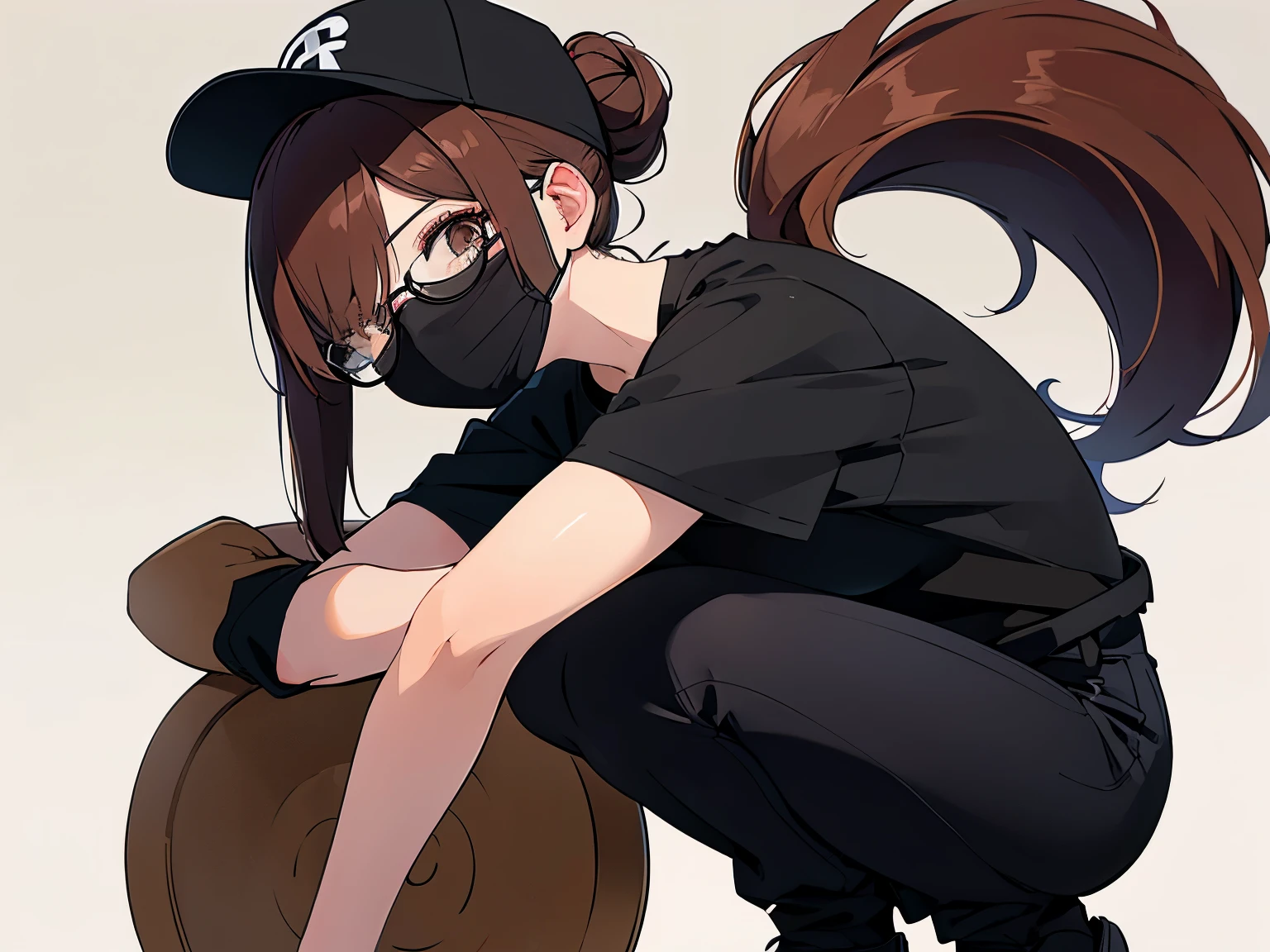 squatting, under-rim glasses, black baseball cap, mouth mask, ​masterpiece、top-quality、 hair over one eye, hair bun, A 25-year-old brown-eyed woman with medium hair and bright chestnut bangs.、wearing black tshirt、Wearing black pants、is standing、The background is office、Bold composition、Upper body is shown、Alone、
