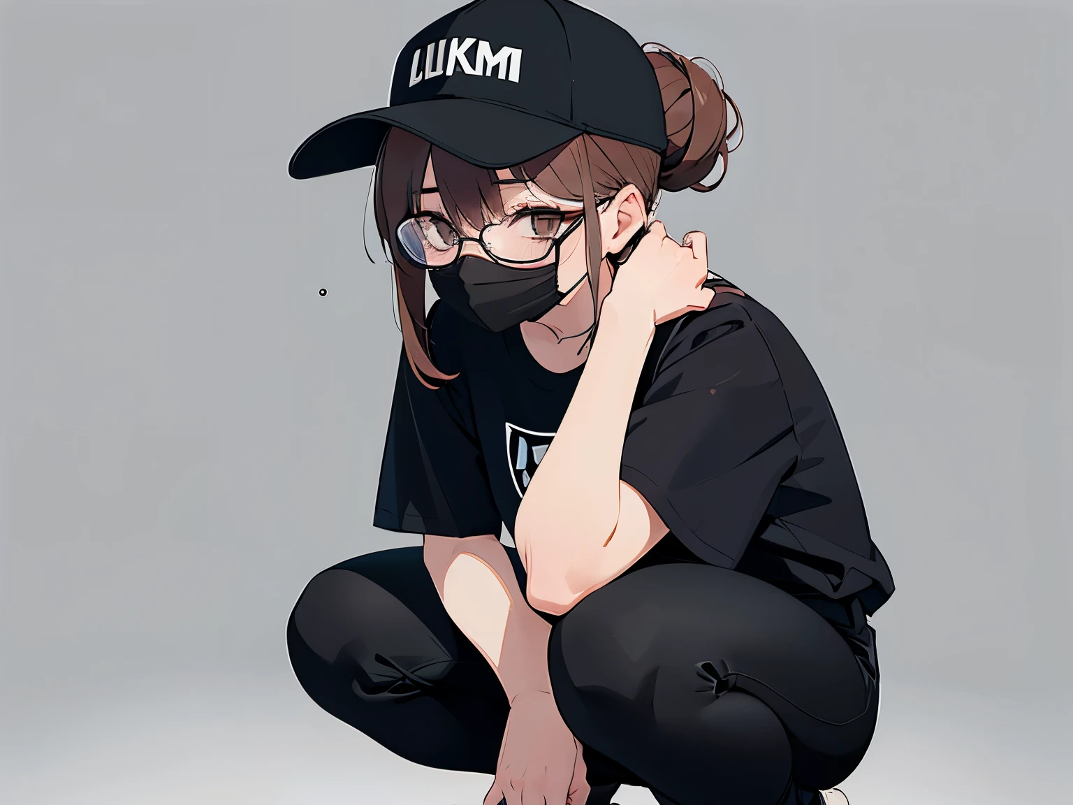 squatting, under-rim glasses, black baseball cap, mouth mask, masterpiece、top-quality、 hair over one eye, hair bun, A 25-year-old brown-eyed woman with medium hair and bright chestnut bangs.、wearing black tshirt、Wearing black pants、is standing、The background is office、Bold composition、Upper body is shown、Alone、
