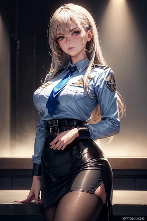 realistic, High resolution, soft light,1 female, alone, hip up, glowing skin, (detailed face),tattoo, jewelry, Secretarial Uniform, white shirt, black skirt, black stockings, garter belt, night, blonde hair, wavy hair, Beautiful Soldier, Eyes that invite the viewer, lover&#39;s perspective, an inviting look, sexy smile, perfect style, perfect balance, fine skin, naughty look, I can see your chest