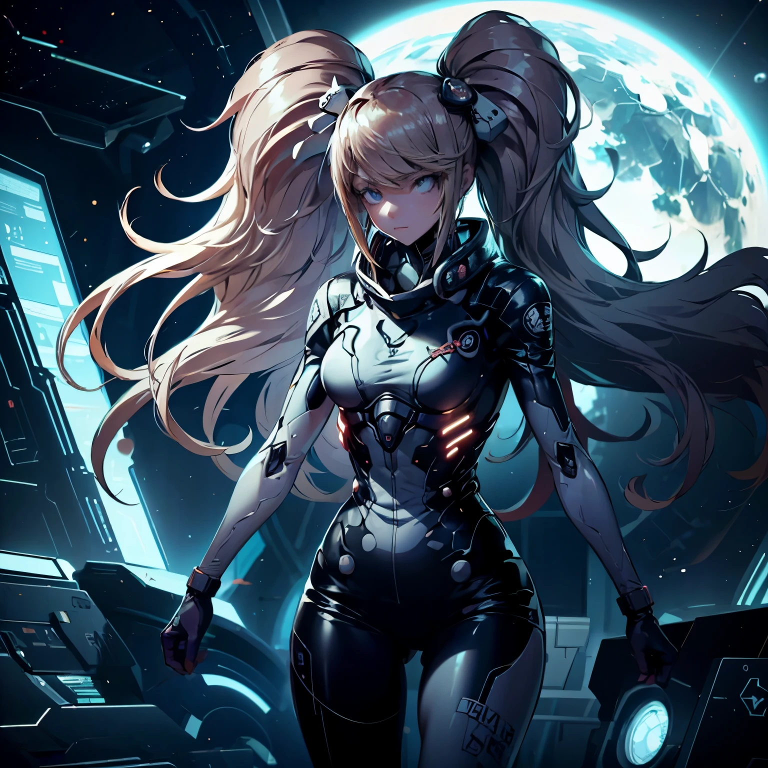 (La mejor calidad, hiper detallado:1.2), En estilo Nihei Tsutomu, Caballeros de Sidonia, 1girl, Spacesuit, Casco abierto, Mirando al espectador, sentado en la cabina, piernas cerradas